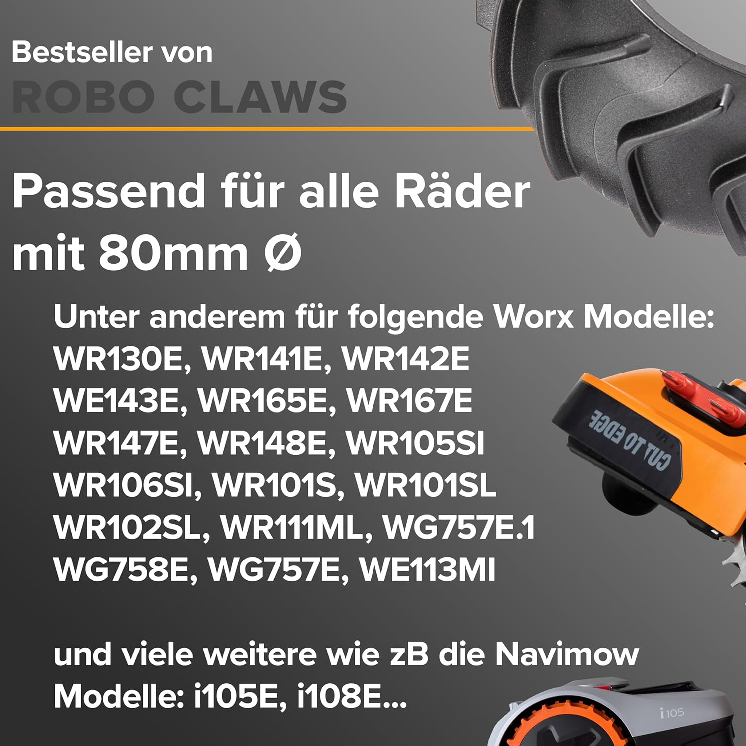ROBO CLAWS Wheel Protection for Robotic Lawnmower XL - Traction Improvement for Worx Landroid, Robotic Lawnmower Accessories for Models S300 M500 M700 L800 L1000 (Plus), Wheel Enlargement to 90 Cm