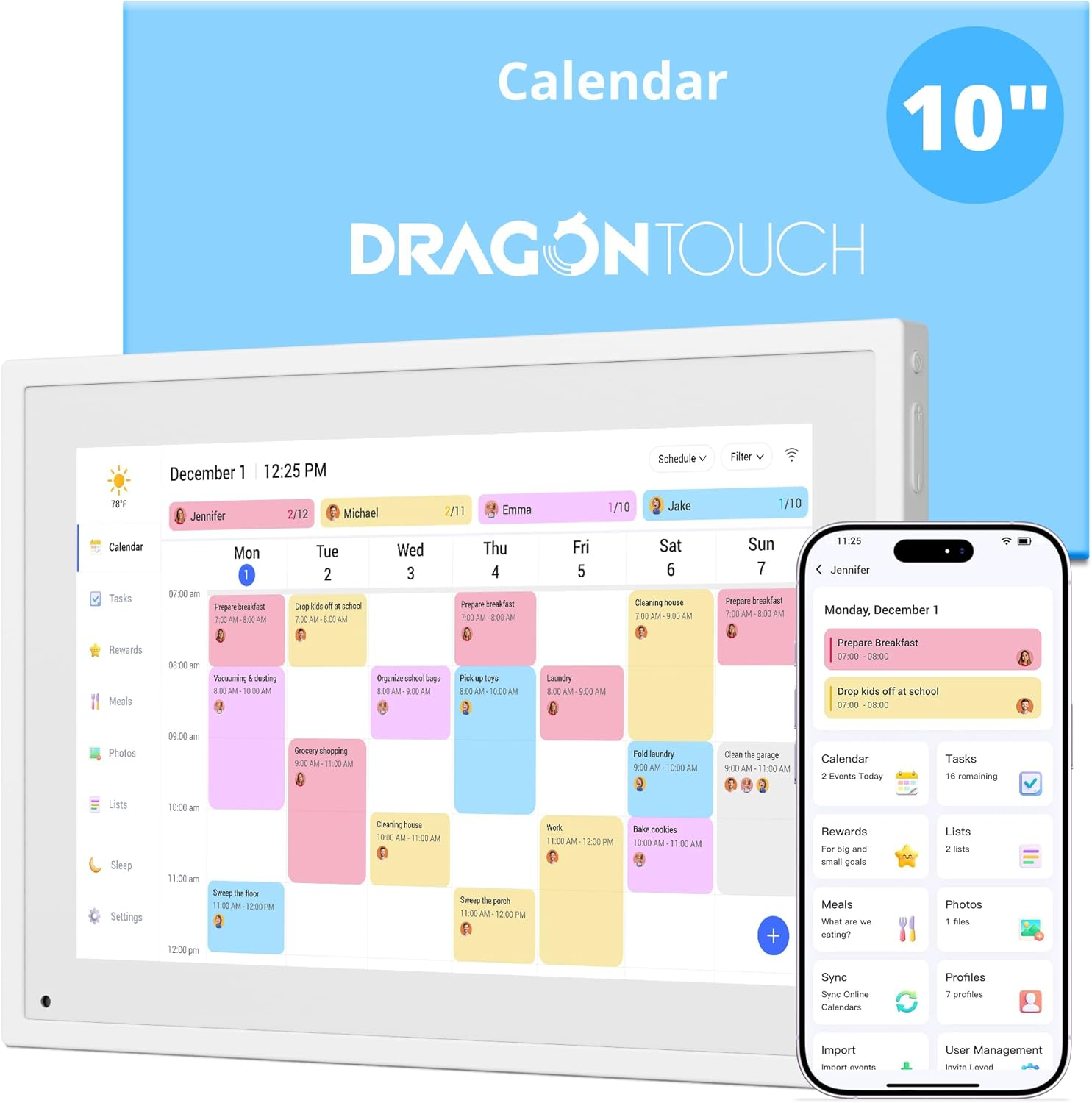 Dragon Touch 10.1" Digital Calendar Chore Chart, 1080P Full HD Interactive Touchscreen, 2026 Smart Family Planner, Electronic Calendar Desk Mountable for Seamless Scheduling White with AU Adapter