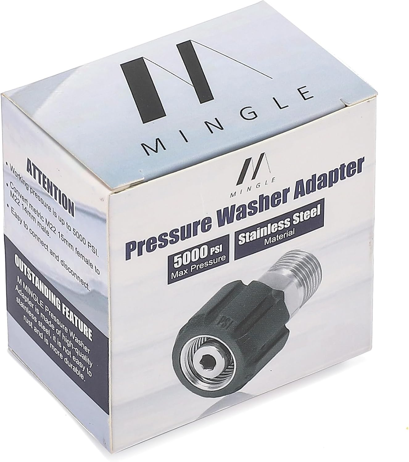 M Mingle Pressure Washer Adapter, Metric M22 15Mm Female Thread to M22 14Mm Male Fitting, Stainless Steel, 4500 PSI image number 2