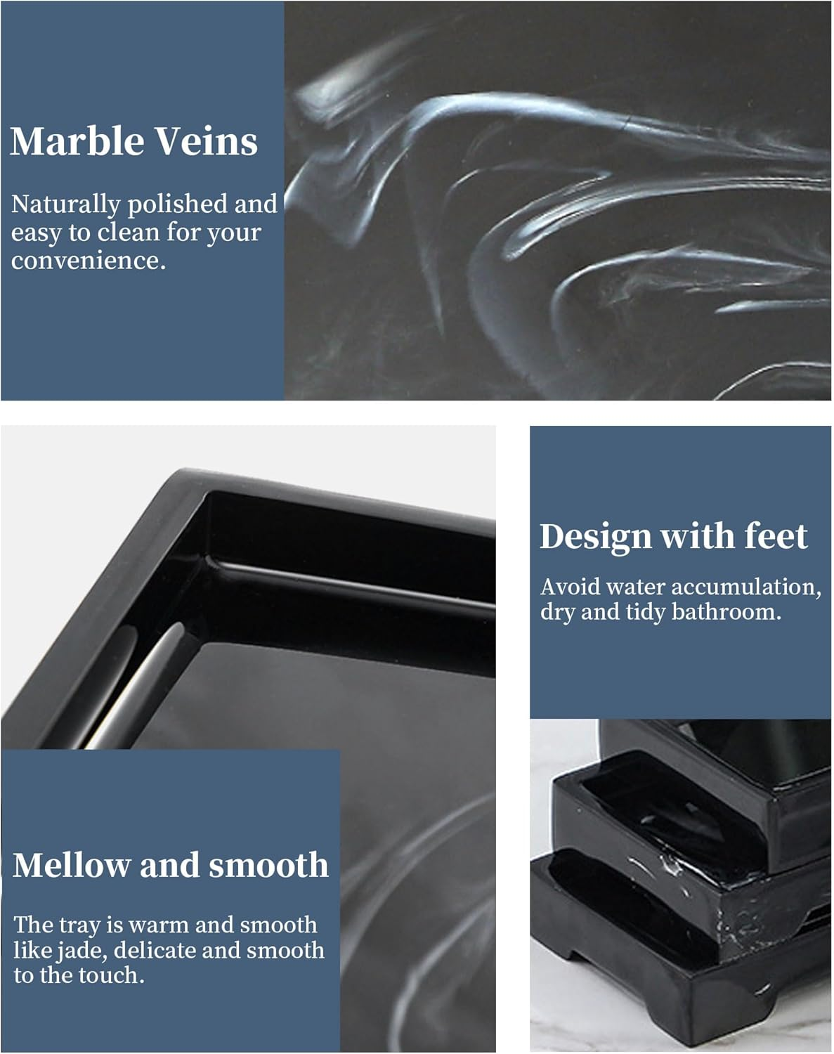 Marble Resin Bathroom Vanity Tray 11.22X 4.13 Inch Rectangle Black Organizer Tray for Soap Dispenser, Perfume, Jewelry, Toilet Tank & Kitchen Sink Storage Tray image number 6
