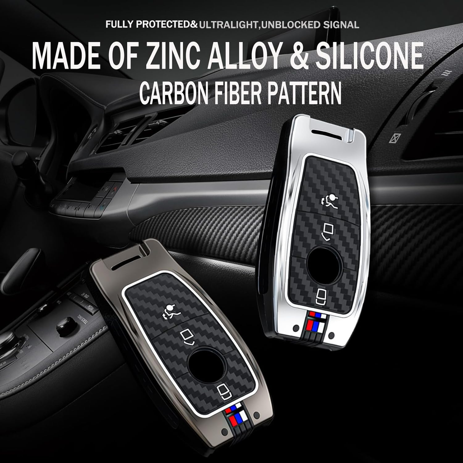 Ontto Luminous Car Key Fob Cover Fit for Mercedes Benz a C E-Class E300 E400 E63 S-Class CLA GLA GLE GLC GLK AMG Key Holder Meatl Silicone Smart Shell Case Keyring Keychain Accessories Black B