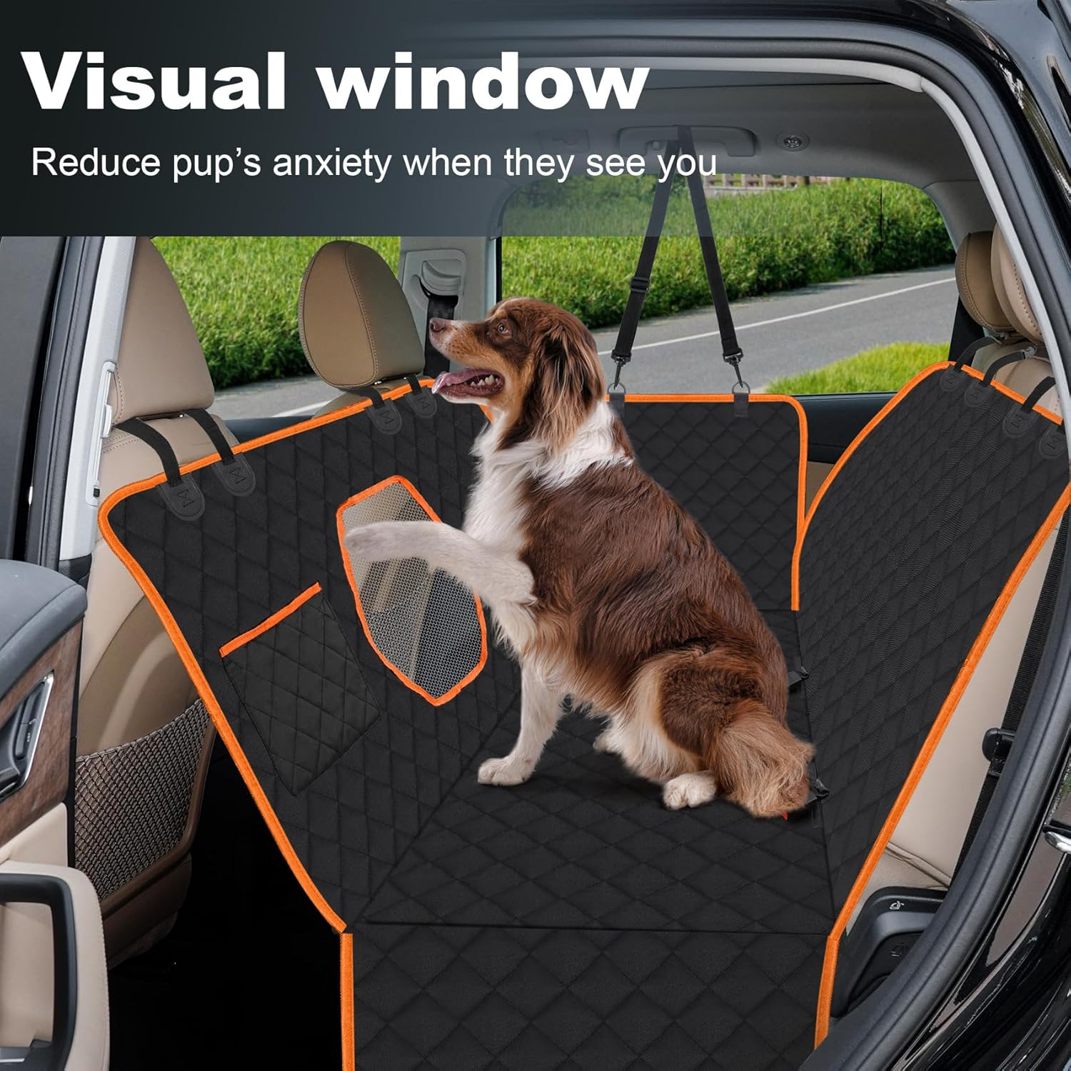 Dog Car Seat Cover - Waterproof Nonslip Car Seat Cover for Dogs - Hammock Style Dog Accessories W/Mesh Window, Scratch-Proof Seat Covers for Dogs - Universal Cars Back Seats - Black & Orange image number 6