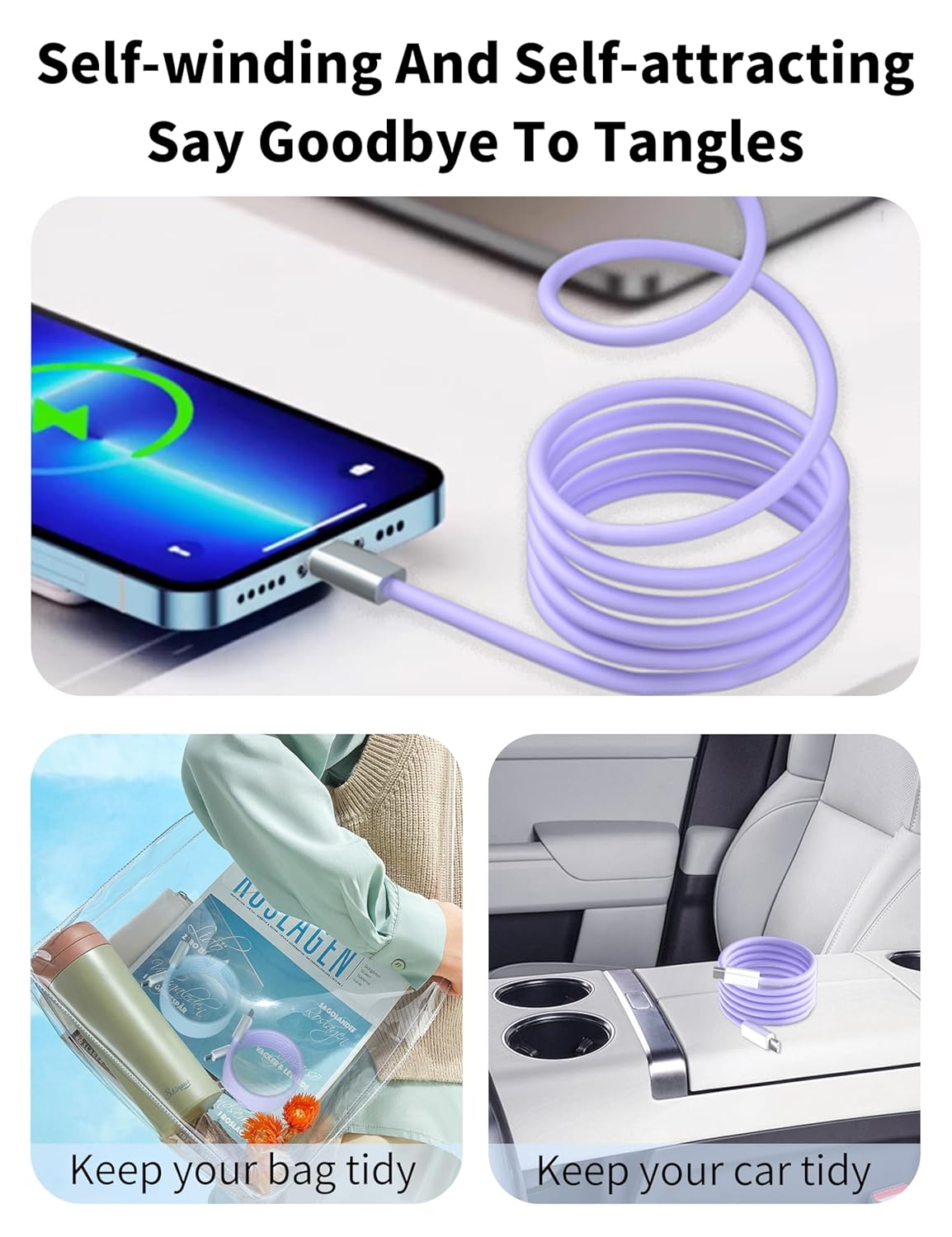 BELAROI Magnetic USB C to USB C Charging Cable [240W/140W/100W PD Fast Charging][480Mbps Data Sync] Soft Silicone Durability with Aluminum Connector for Macbook/Iphone 15/16 Pro/Plus/Android (Purple) - Blue image number 6