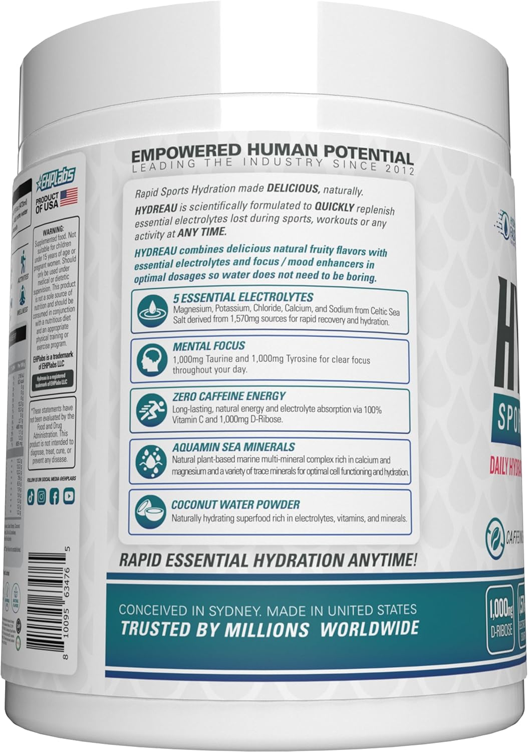 EHP Labs Hydreau Electrolytes Powder No Sugar - Hydration for Endurance & Energy - Electrolyte Powder for Men & Women - Sugar Free Electrolytes - (Kiwi Strawberry, 40 Serves)