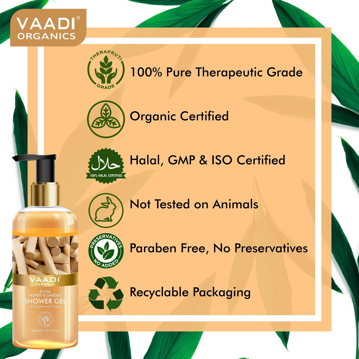 Vaadi Herbals Organic Body Wash Shower Gel Honey & Sandalwood Skin Revitalizing Therapy -Shower Gel That Cleanses, Refreshes and Deodorizes - Daily Detox Antifungal Body and Foot Cleanser - Great for Acne - for All Skin Type - Sulfate Free Paraben Free - Value Pack of 2X 300Ml image number 4