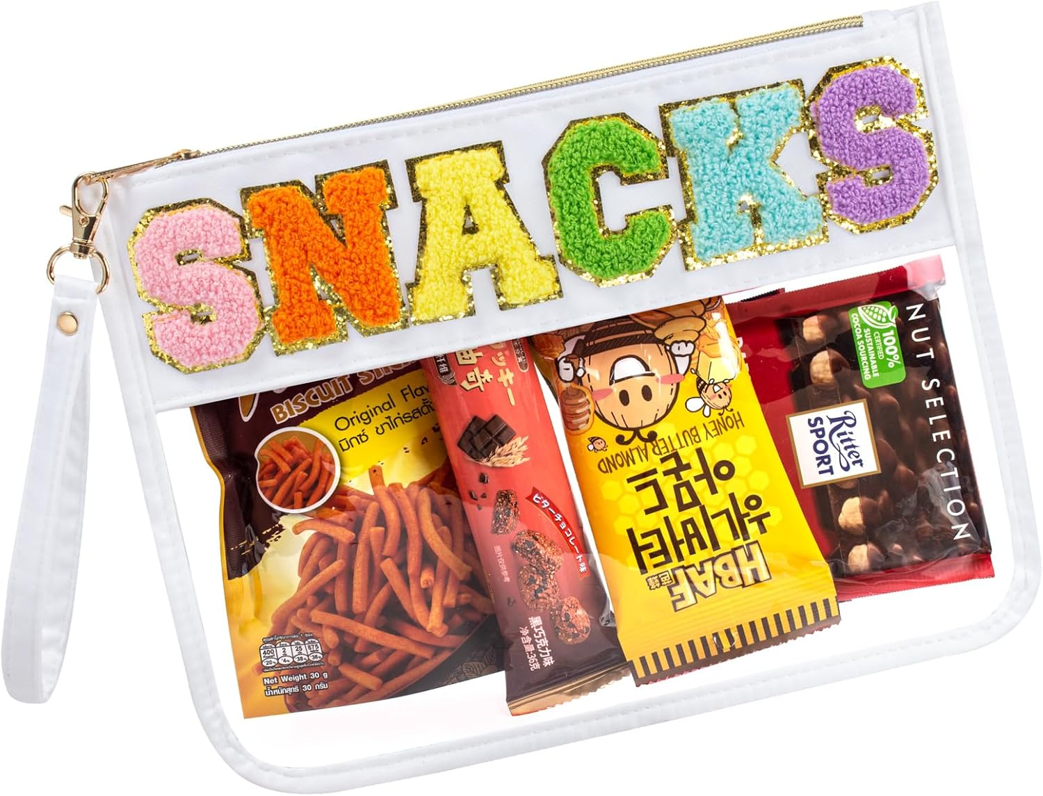 Snack Bag Clear Makeup Bag, Chenille Letter Clear Zipper Pouch Nylon Cosmetic Pouch Organizer Sunscreen Toiletry Bag Waterproof Summer Beach Organizer Travel Gifts for Women Girls (Black Snacks)