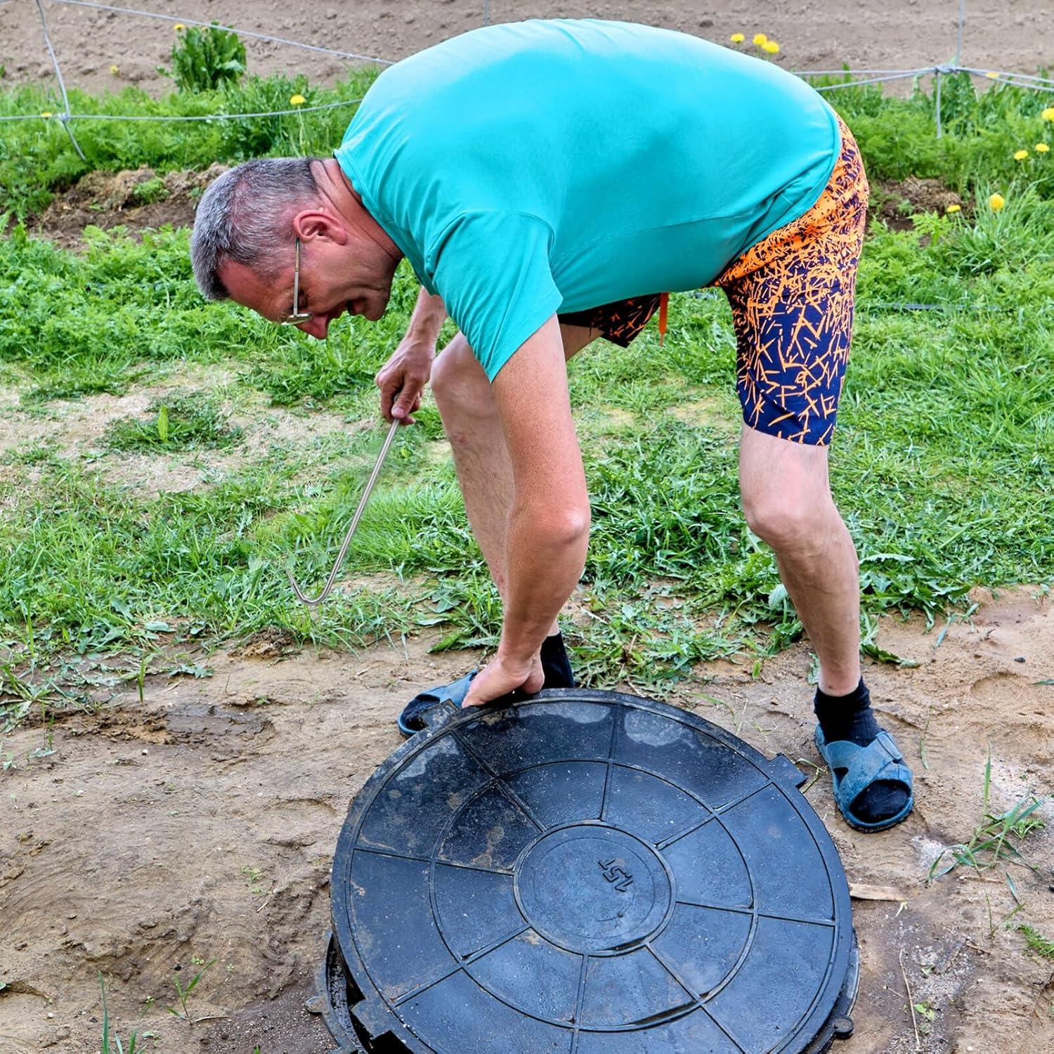 Manhole Cover Hook: 2 Pcs Manhole Cover Lifters, Drain Grate Lifter T Handle Manhole Lid Hooks Manhole Lifting Hook Storm Drain Cover Pull Hook for Lifting Moving Pulling image number 1