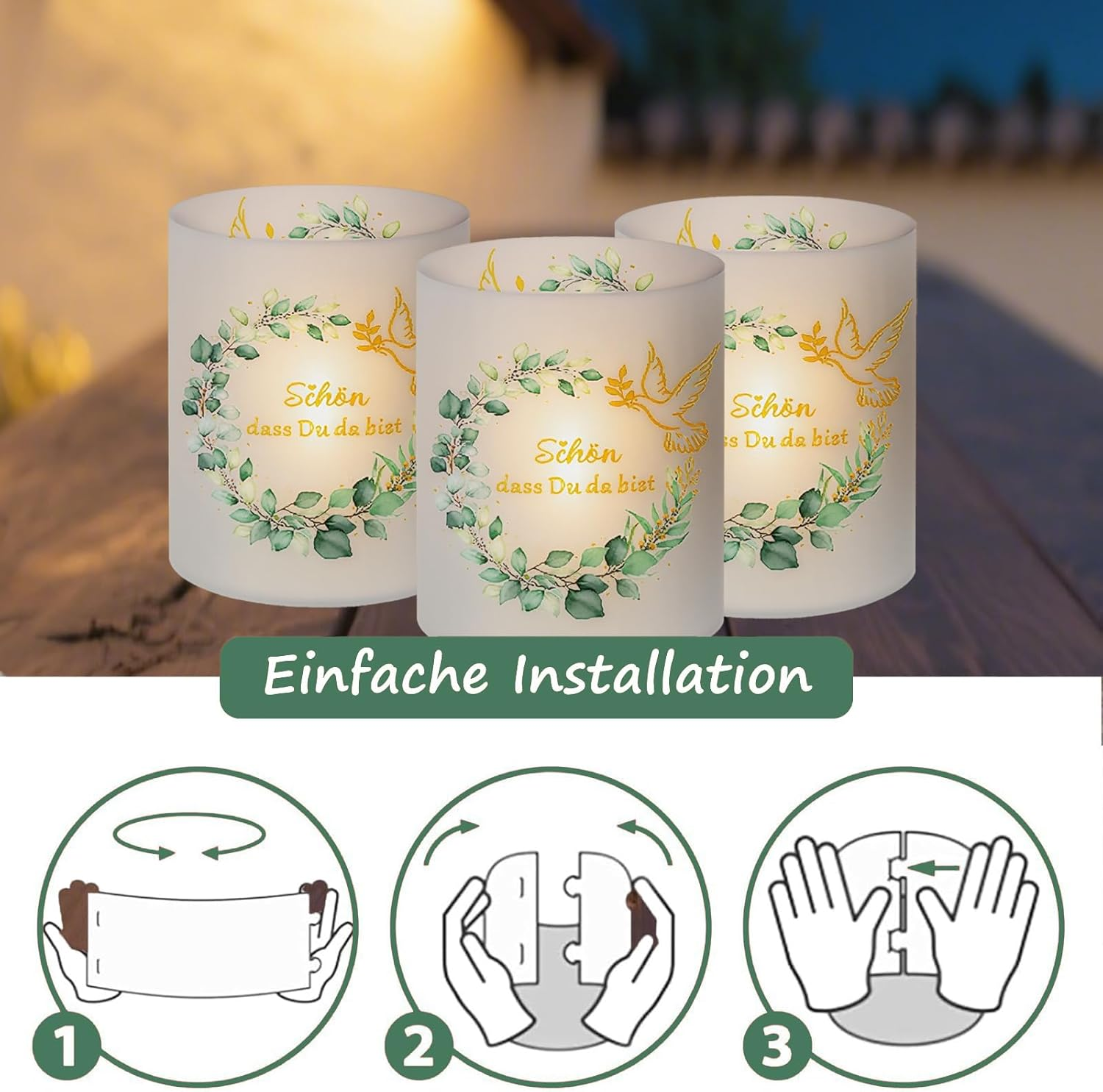 Pack of 12 Tea Lights Table Decoration, Sch&ouml;n DASS Du Da Bist Decorative Christening Lantern, Christening Eucalyptus Tea Light Glasses, Table Decoration Green for Birthday Confirmation Party Favours image number 2