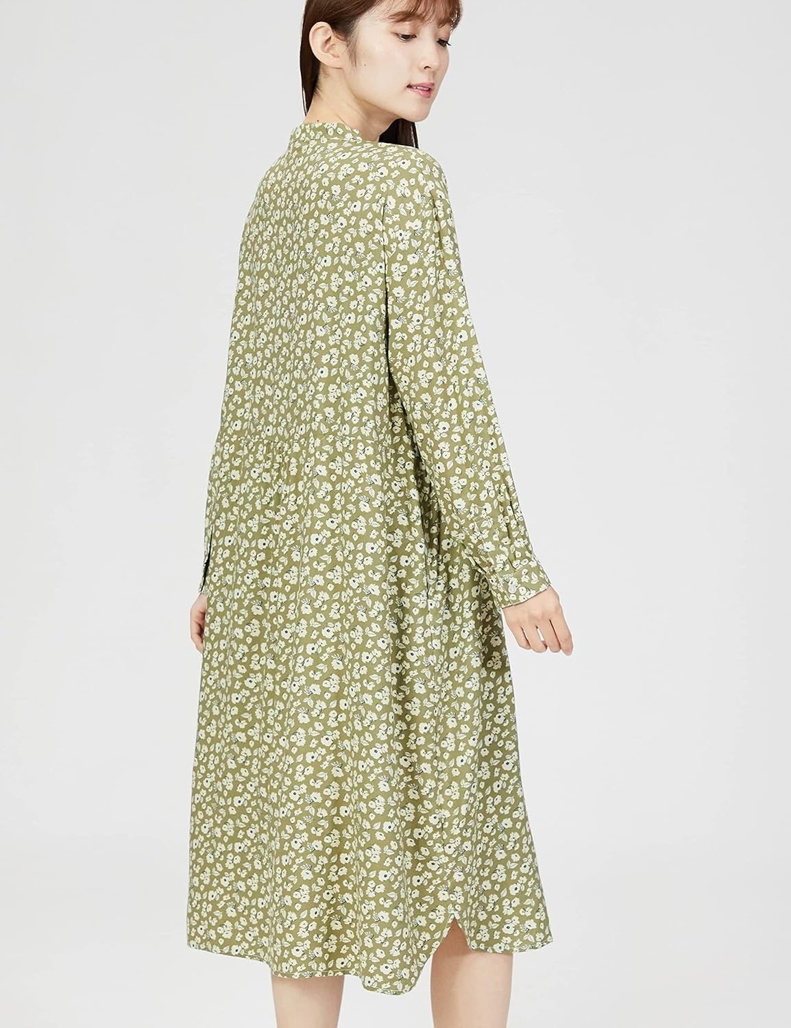 Hiuma Nihon LUM42601 Dress, Botanical Print, Stand Collar Dress, Khaki, M, Women'S Khaki, M, Khaki, M image number 1