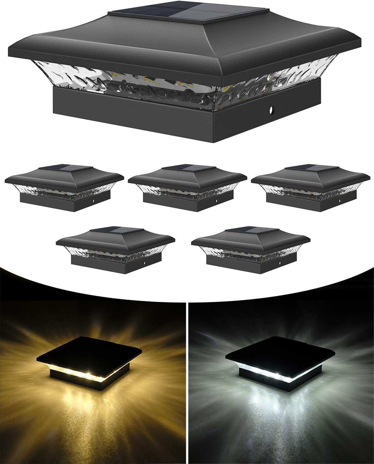 T-SUN Solar Post Cap Lights 6 Pack for 4X4 Vinyl/Wooden Posts, Waterproof Outdoor Warm/Cool White（3000K/6000K） Solar Powered Deck/Garden/Patio Lighting