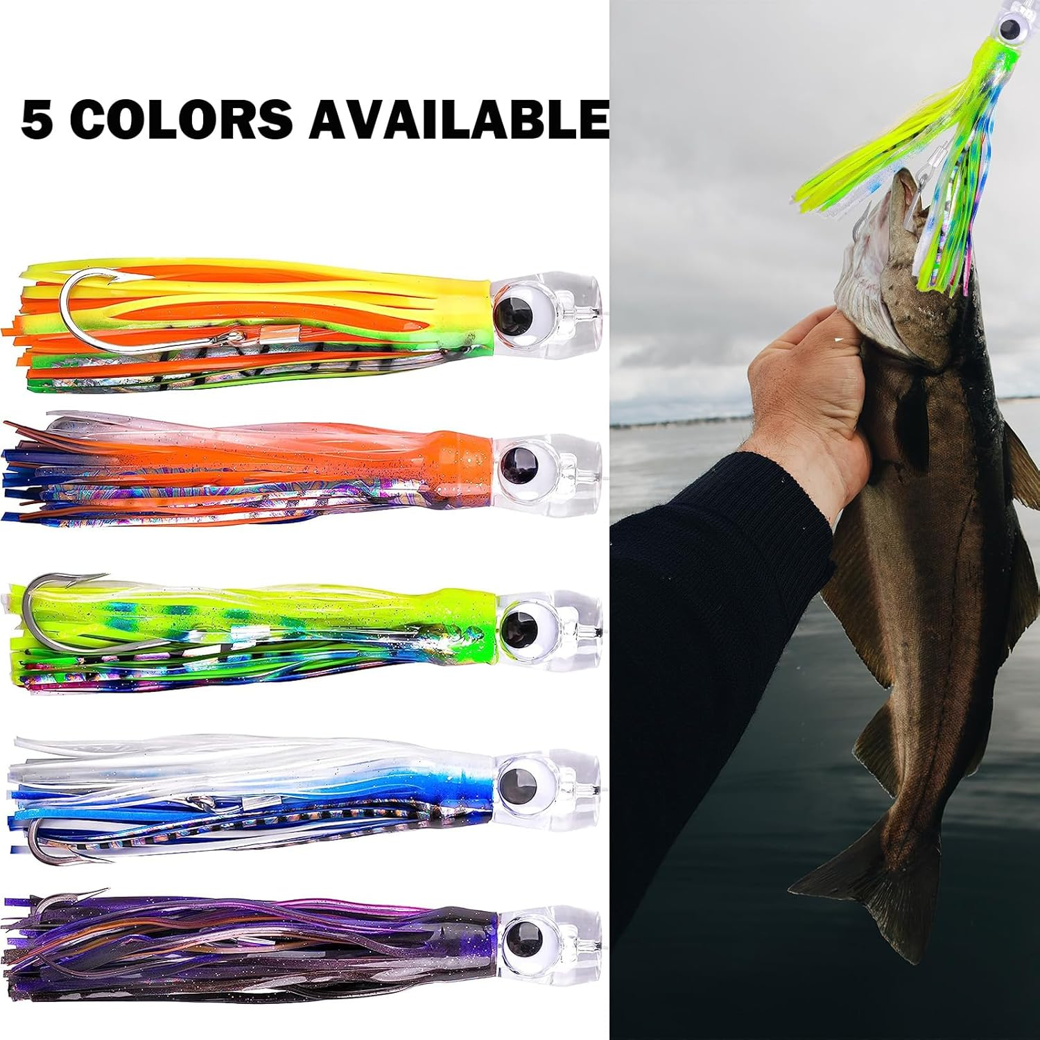 Saltwater Trolling Lures Set of 5Pcs 9 Inch/23Cm Fishing Trolling Skirt Lures with Rigged Hooks for Catching Mahi, Tuna, Wahoo and Big Game Fishes image number 2