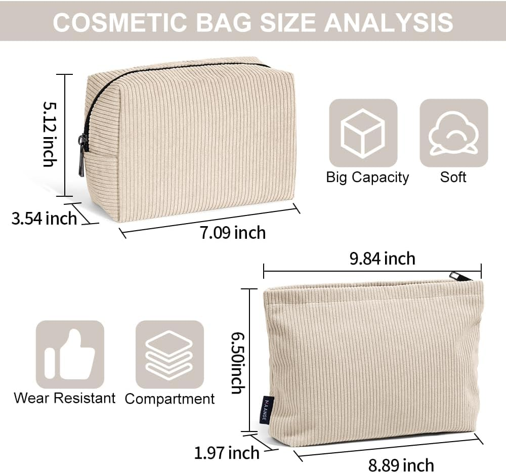 MAANGE Cosmetic Bags for Women Small Makeup Bag for Purse Corduroy Makeup Pouch Travel Makeup Bag Portable Make up Bag for Travelling (Beige) image number 4