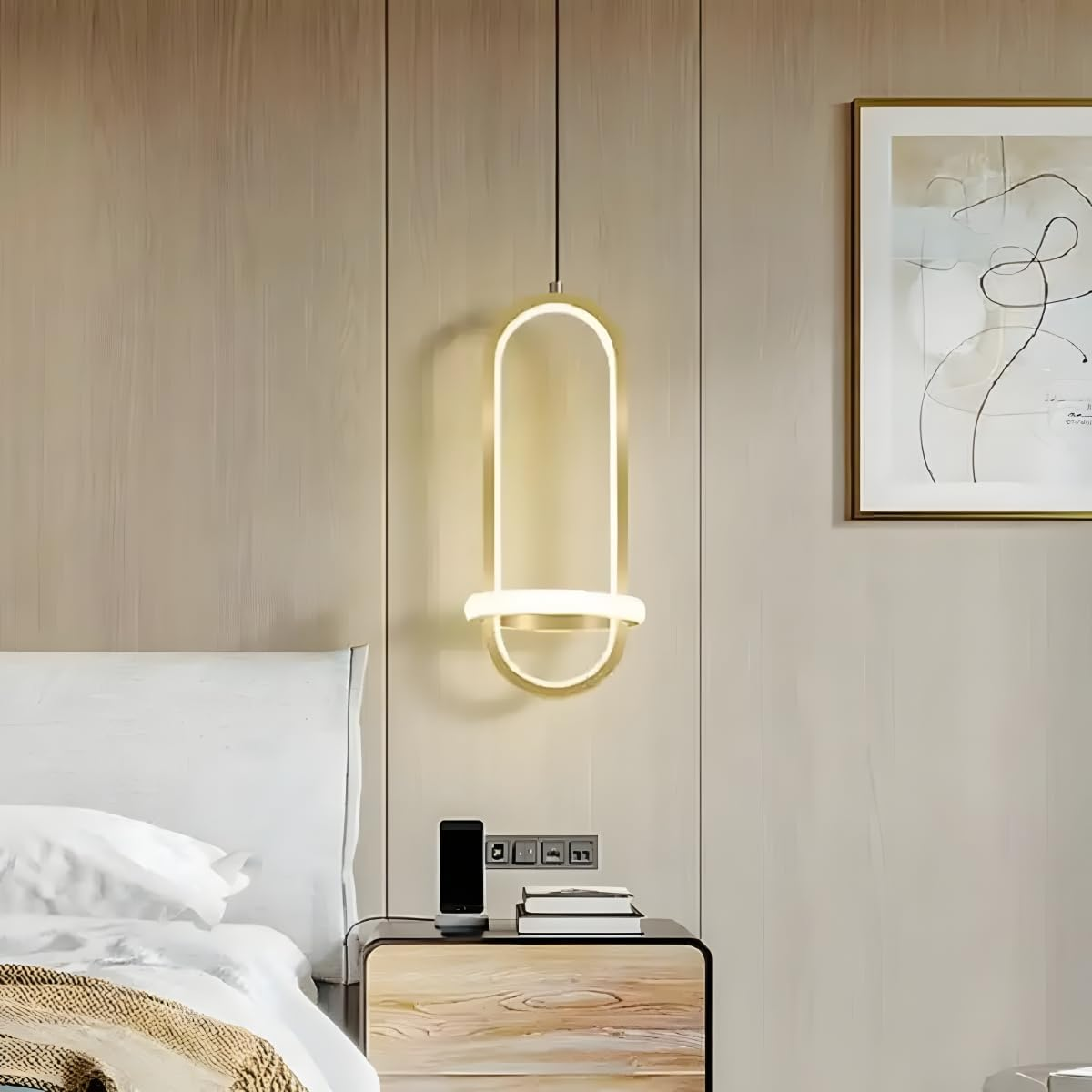 Modern Minimalist LED Pendant Light Chandelier Led 21W Hanging Linear Tube Light Gold Bedside Lamps for Bedroom Restaurant Living Room Kitchen Island Hanging Ceiling Lamp (Gold) image number 5