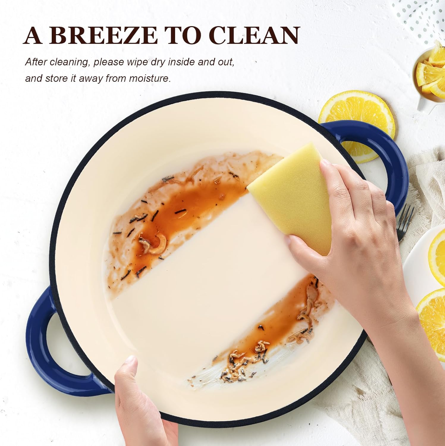 Overmont Roasting Dish Enamel Cast Iron Pot - 26 Cm Oven Safe - with Lid and Cookbook - for Kitchen Baking Braising Roasting - Deep Indigo image number 6