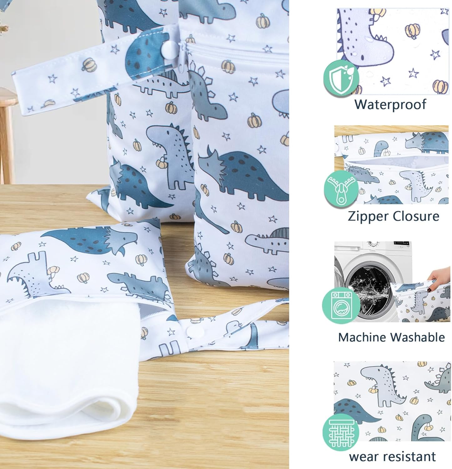 Pack of 3 Dinosaur Motifs Wet Bags Nappy Bag, Wetbag, Wetbag, Nursery Nappy Bag for on the Go with Zip, Wet Bag, Nappy Bag, Wet Bag, Organiser for Swimming and Travel image number 3
