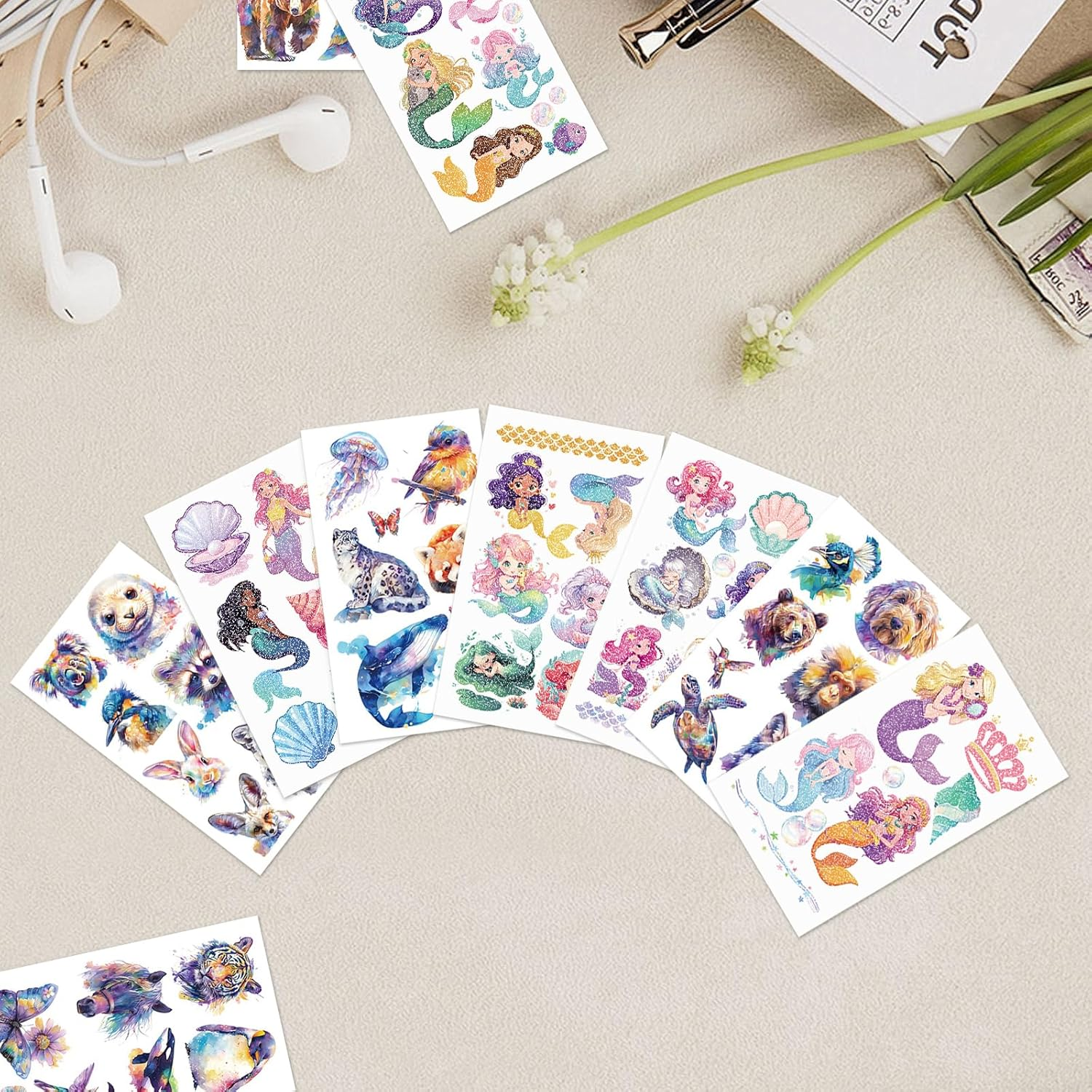 20 Sheets Temporary Tattoos for Children, with Watercolour Animals and Glitter Tattoo Mermaid, Easy to Paste Children'S Tattoos for Boys and Girls Such as Parties and Festivals image number 3