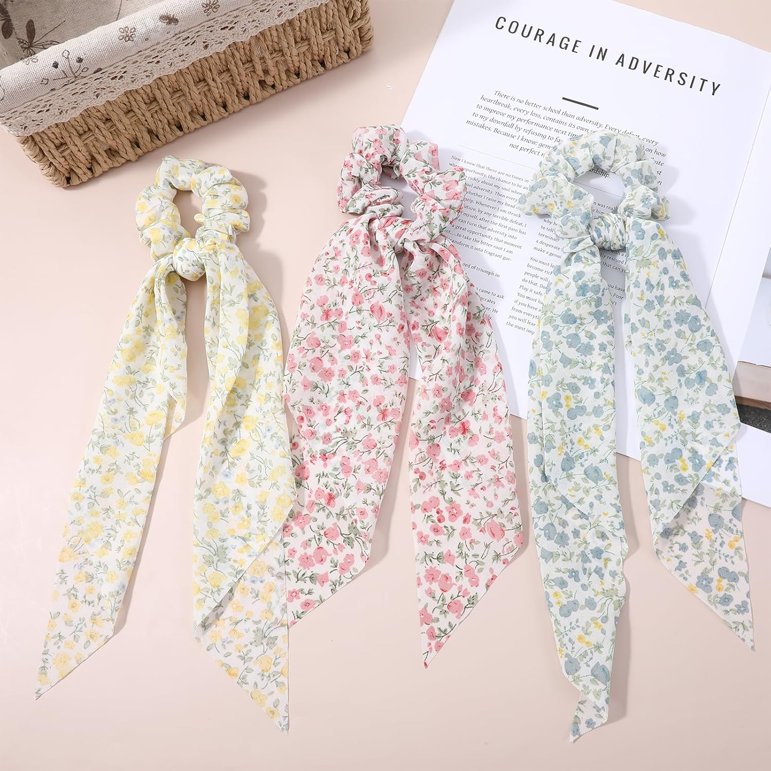3 PCS Ribbon Hair Ties with Bow, Chiffon Crushed Flower Bowknot Hair Ties, Elastic Hair Scarf Long Ribbon Ponytail Scrunchies for Women Girls (Pink, Yellow, Green) image number 3