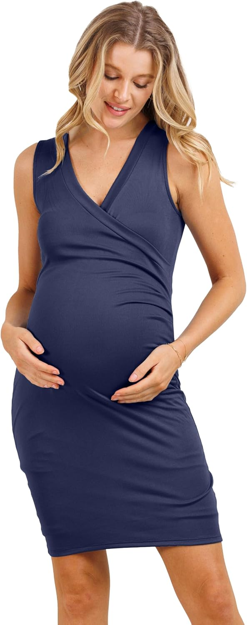 Laclef Women'S Sleeveless Ruched V Neck Wrap Bodycon Nursing Maternity Dress