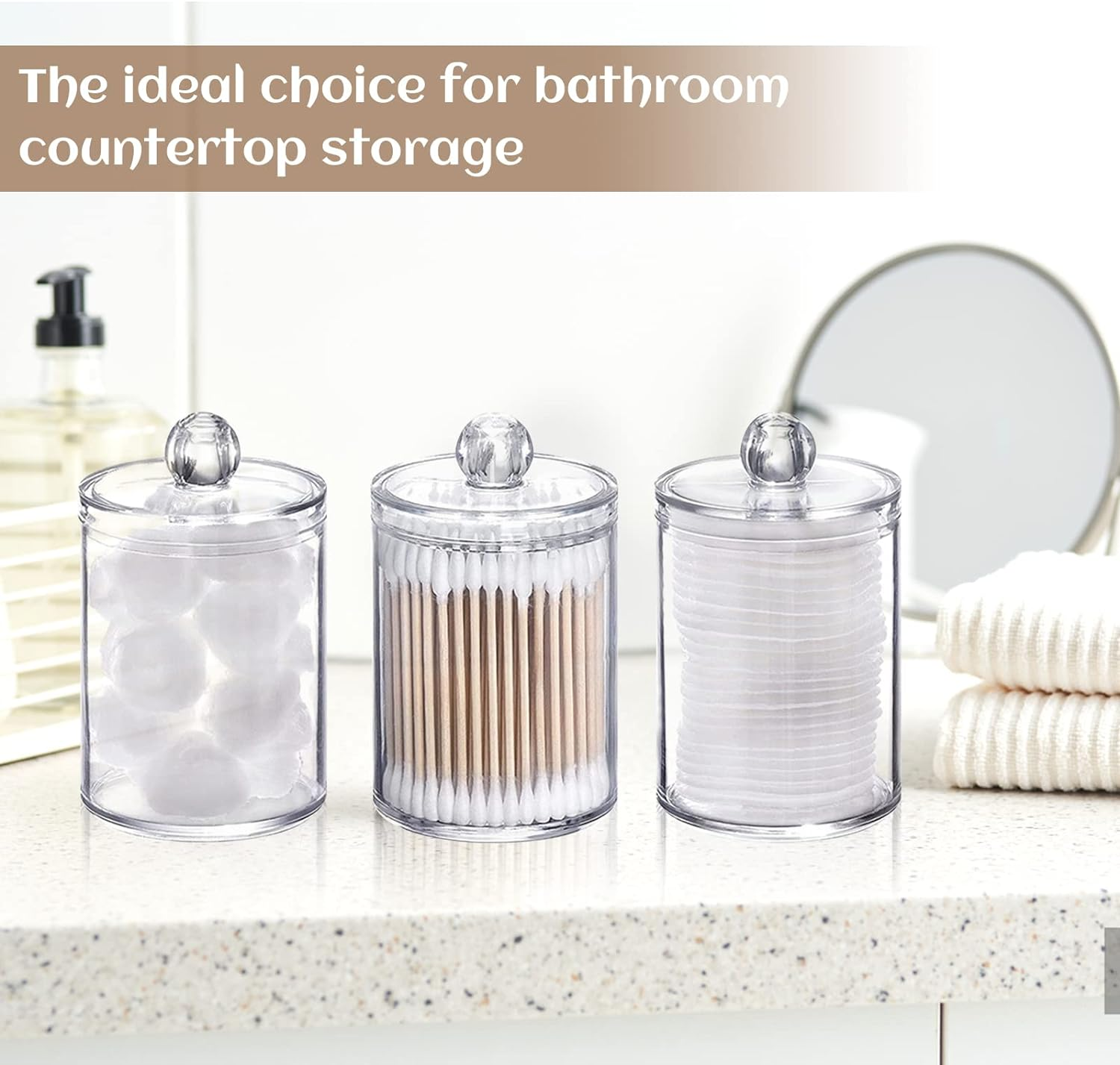 5Pcs Qtip Holder Dispenser, FHDUSRYO Cotton Pad Storage Organizer with Lid for Cotton Swab Floss, Clear Plastic Apothecary Jar Set for Bathroom Canister Storage Organization, Vanity Makeup Organizer image number 1