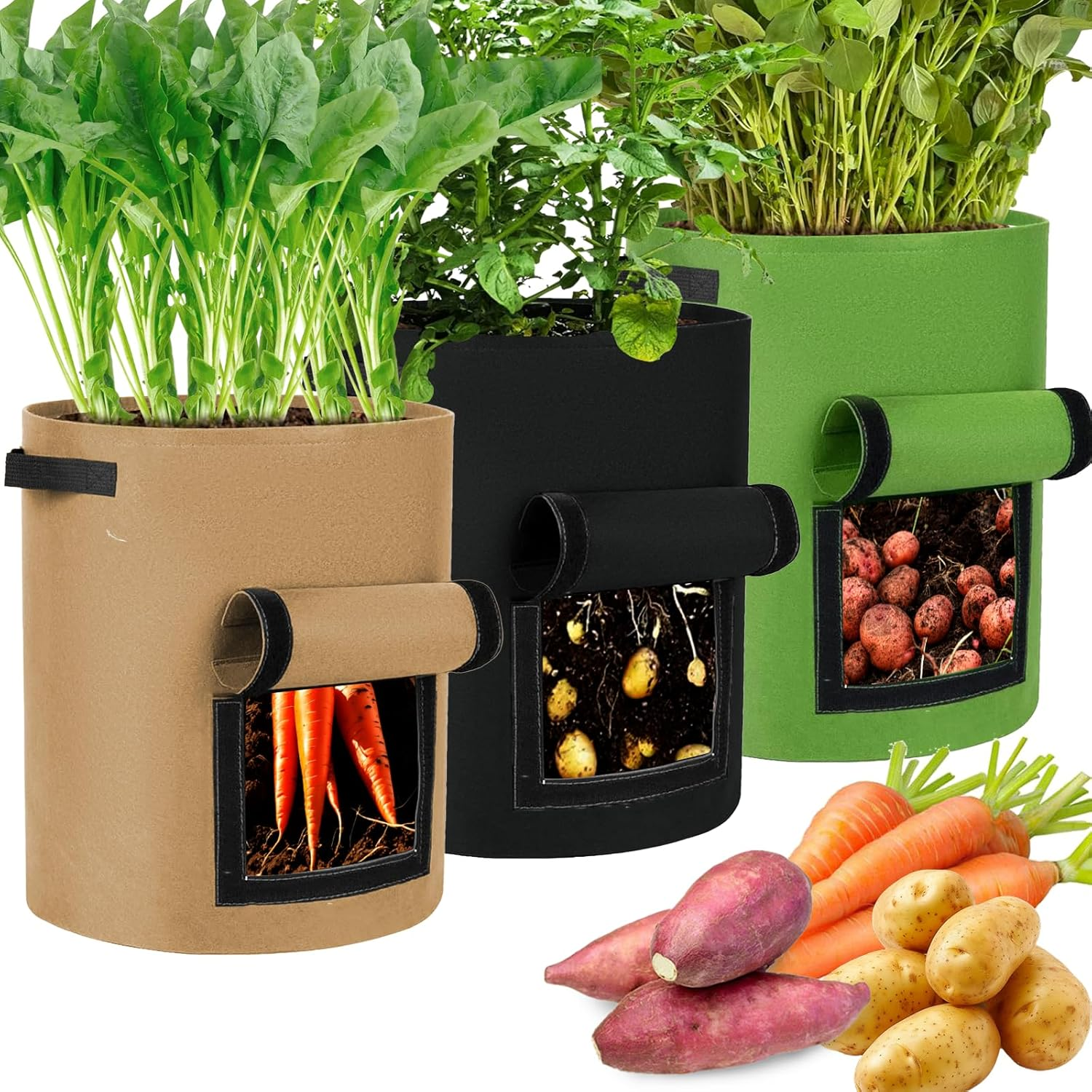 3 Pack Plant Grow Bags, Potato Grow Bags 10 Gallon with Viewing Window, Heavy Duty Thickened Nonwoven Fabric Pots with Handles, Large Plant Growing Bags Garden Grow Bags for Vegetables & Flowers