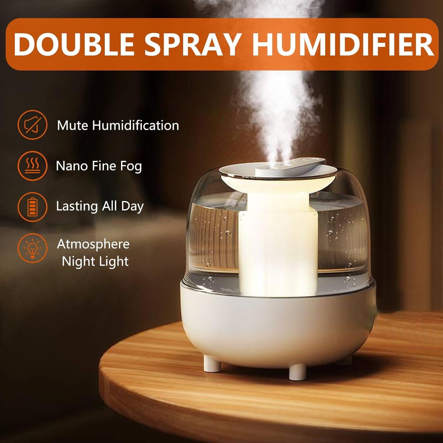 Air Humidifier for Bedroom, 4L Large Capacity Dual Spray Humidifier, Night Light, 2 Spray Modes, Auto Shut Off, Quiet, for Plant, Home, Office (White)