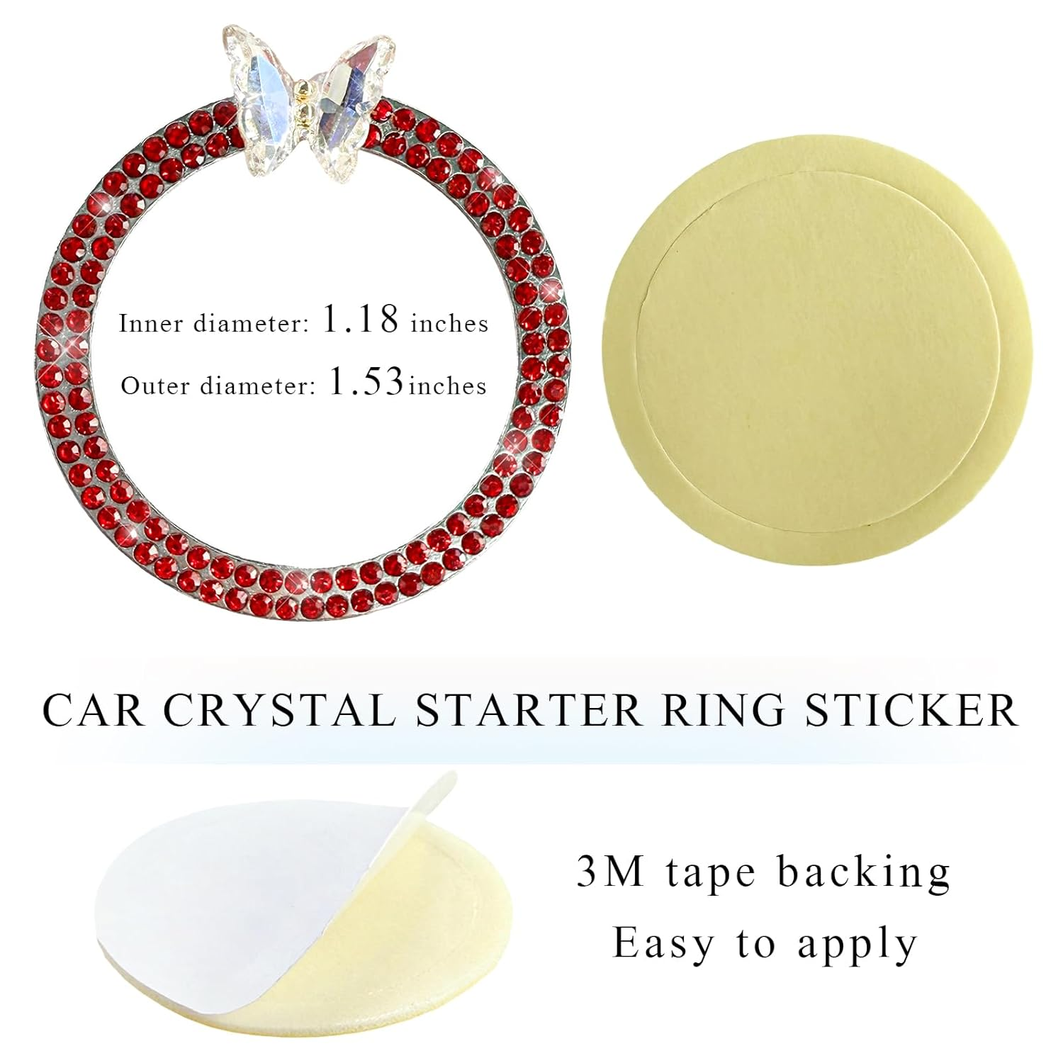 Bling Ring Emblem Car Accessories, Sparkling Butterfly Car Buttons and Knobs Ring, Girly Butterfly Diamond Car Engine Start Button Cover, Key Ignition Knob Ring Decoration for Women (Red) - Ab image number 4