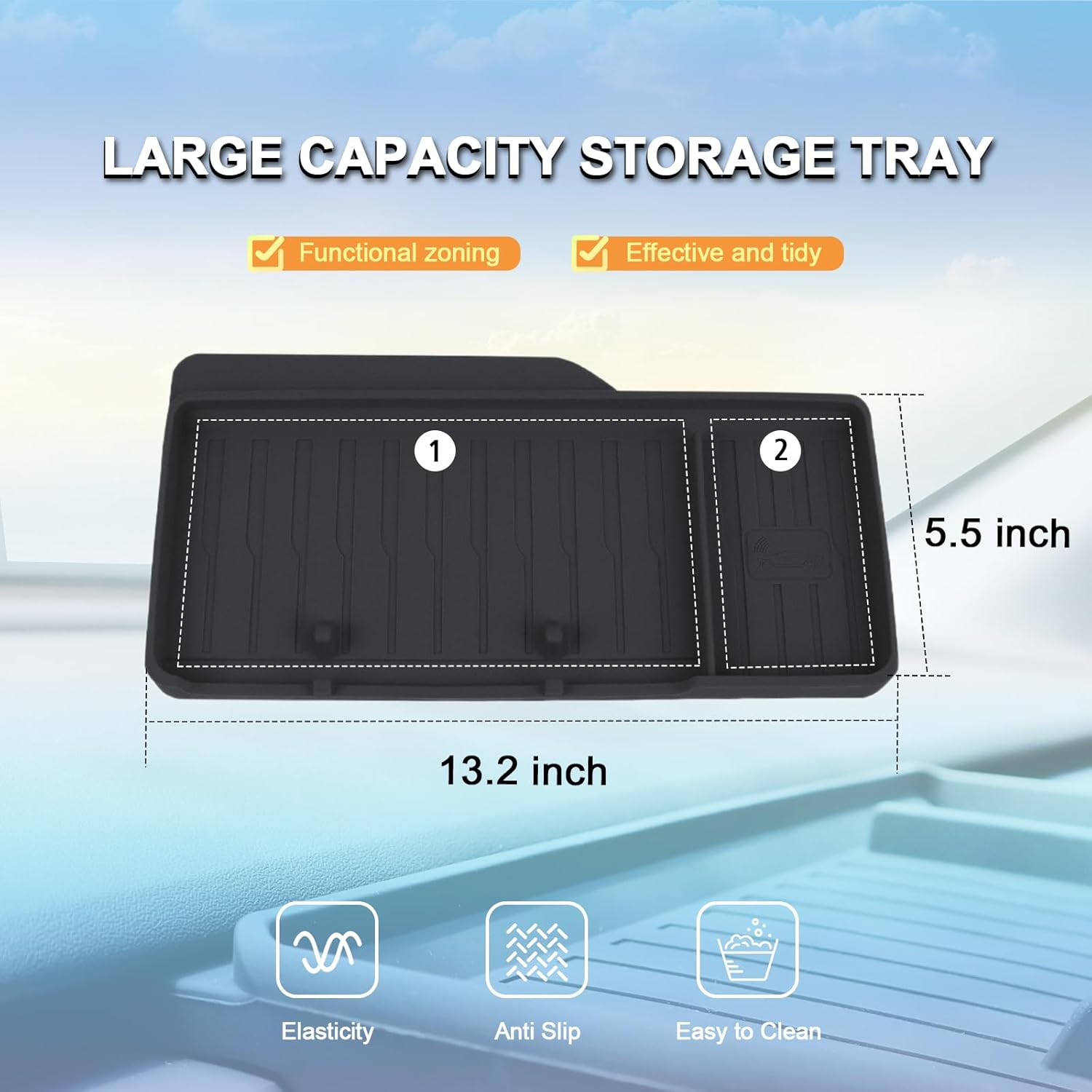 Rislobx Tesla Model 3 Model Y Center Console Organizer Tray Hidden behind Screen Storage Box Dashboard Sunglasses Holder Tesla Accessories (Black) - Black Charger Mat image number 6