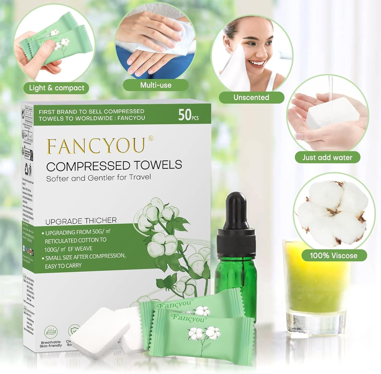 Disposable Towel Tablets 30X23Cm 50 Pcs Individually Wrapped Compressed Facial Tablets Portable Extendable Washcloth Cleasning Towelettes for Personal Beauty (Green) image number 6
