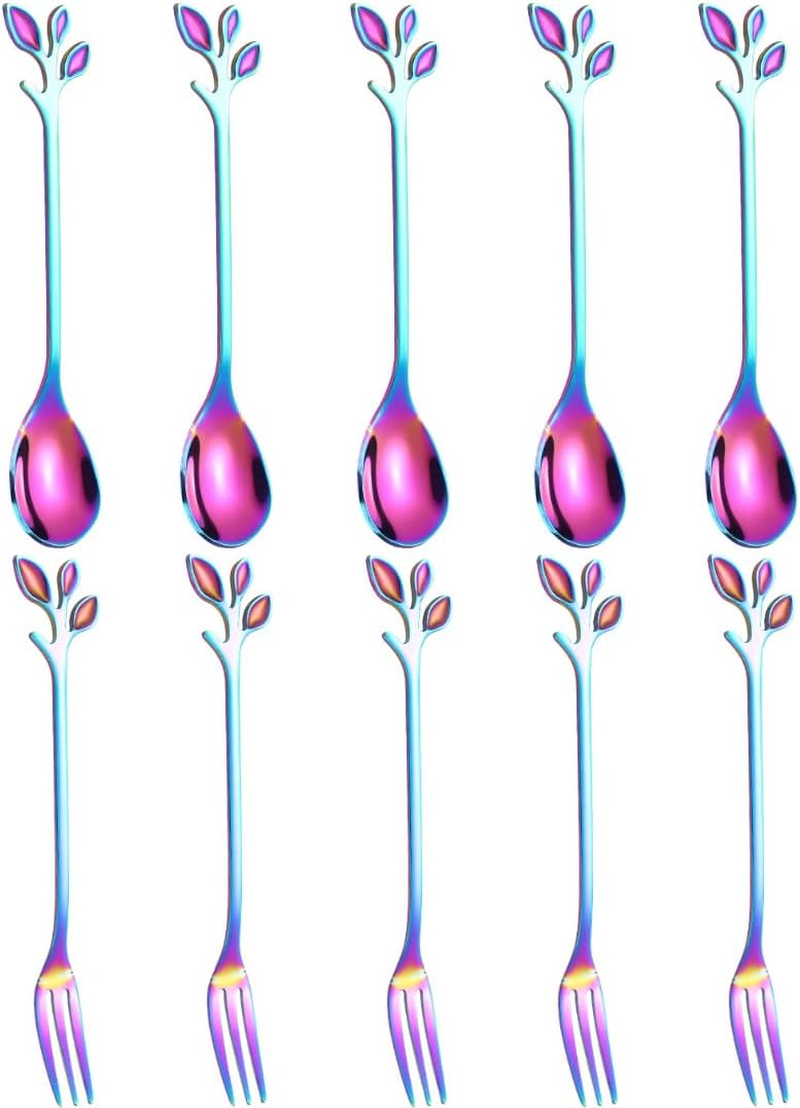 Creative Leaf Tableware Set of 12, 4 Piece Stainless Steel Demitasse Espresso Spoons + 4 Piece Appetizer Fork + 4 Piece Dessert Knives for Bar Caf&eacute; Teaspoons for Cappuccino, Dessert, Fruit, Cake