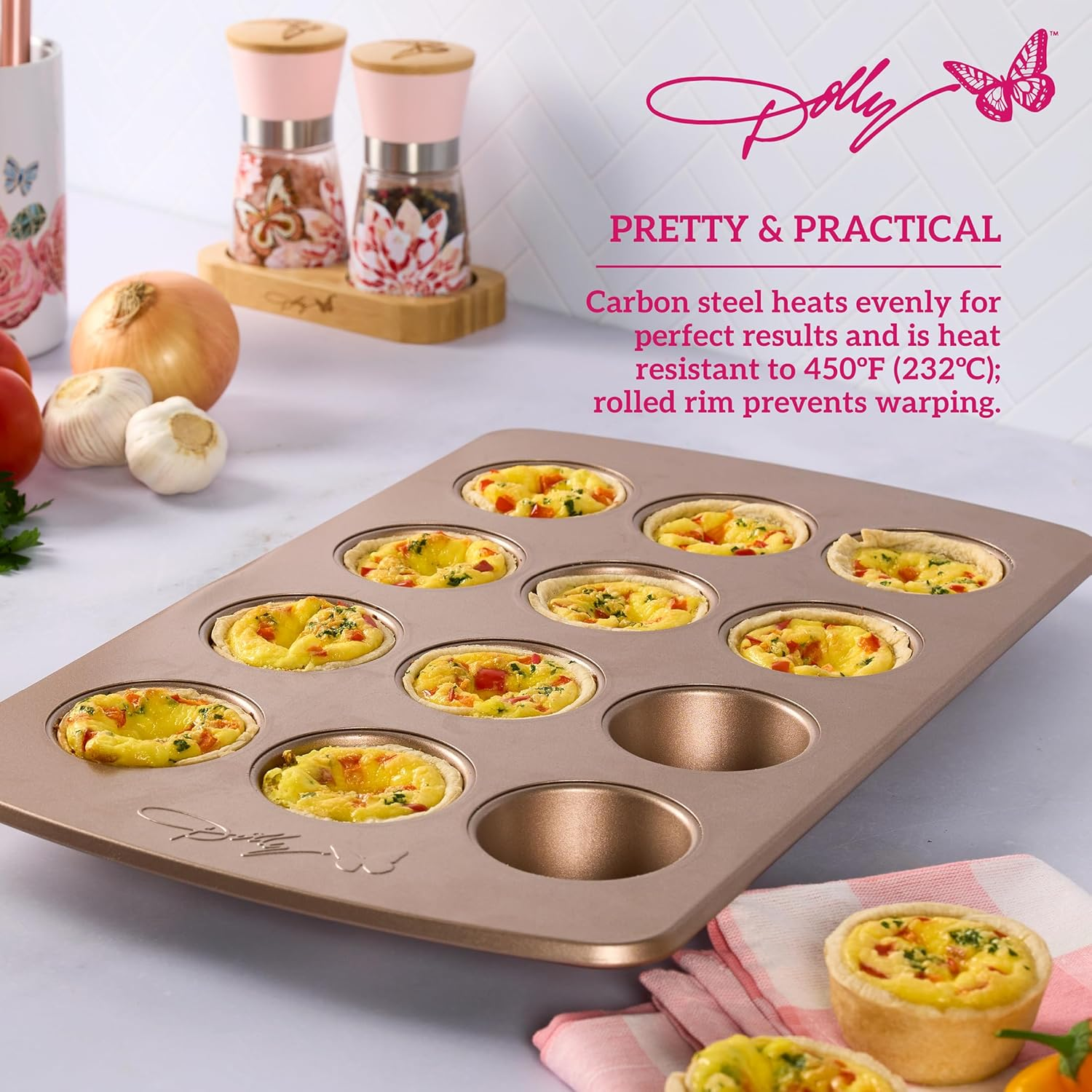 Dolly Parton Butterfly Stamp 12-Cup Muffin Pan &ndash; Carbon Steel Nonstick Bakeware with Textured Butterfly Design, Durable Rolled Rim, Oven Safe to 450F, Perfect for Muffins, Cupcakes and Mini Quiches image number 1