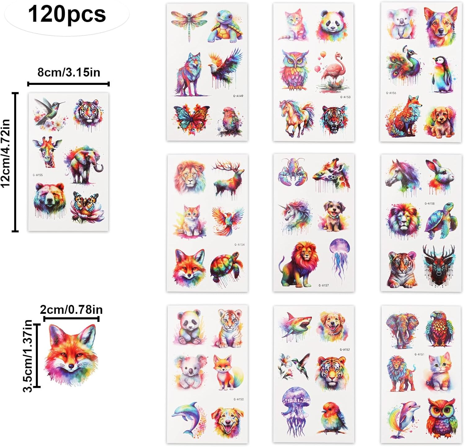 Lasuroa 120Pcs Animal Temporary Tattoos for Kids, Waterproof Watercolor Fake Tattoo Stickers Suitable for Body Arm & Shoulder Ideal Girls Boys Birthday Party Supplies image number 5