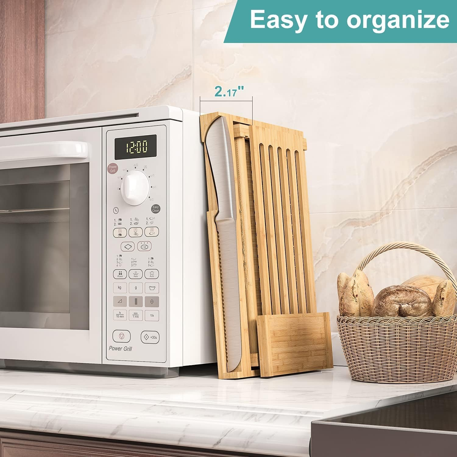 Dxzephious Bread Slicer for Homemade Bread,Cakes, Bagels- Bamboo Bread Slicer with Serrated Knife, Adjustable Guide for 3 Thickness Sizes, Foldable Chopping Board with Crumb Tray& Knife image number 6