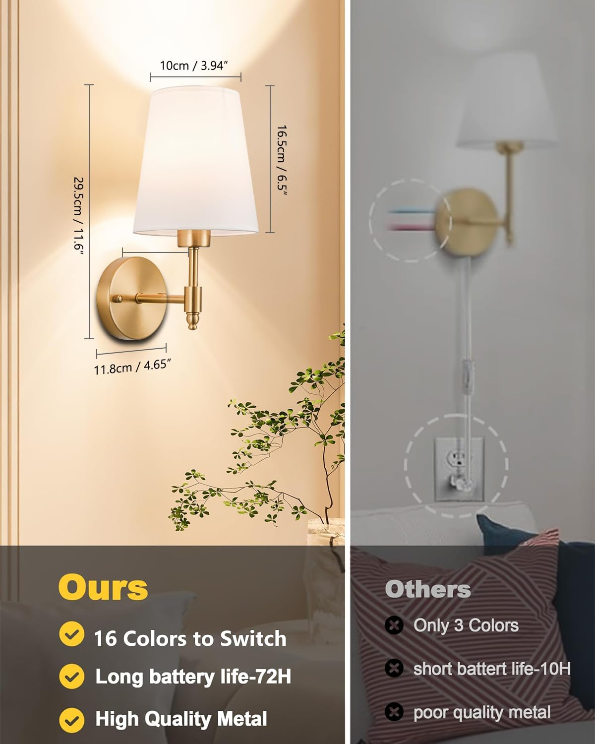 Battery Operated Wall Sconces Set of 2, Rechargeable Wall Lights with 6000Mah Dimmable RGB Bulbs and Remote, 13 Colors Wireless Wall Lamps for Bedroom Living Room Hallway, Gold