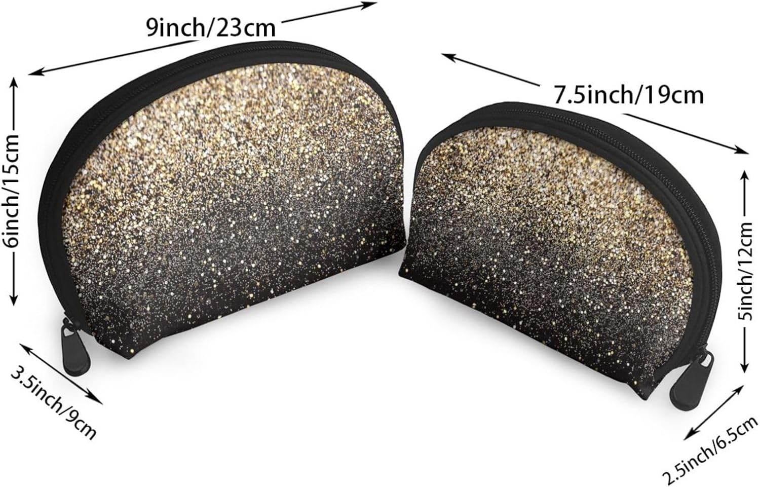 Coin Pouch Makeup Bags Set, 2 Piece Shell Shape Cosmetic Bag with Pockets for Daily Travel Handbag Lipstick Keys Toiletry, Personalized Golden Glitter Black Gold Dots image number 2