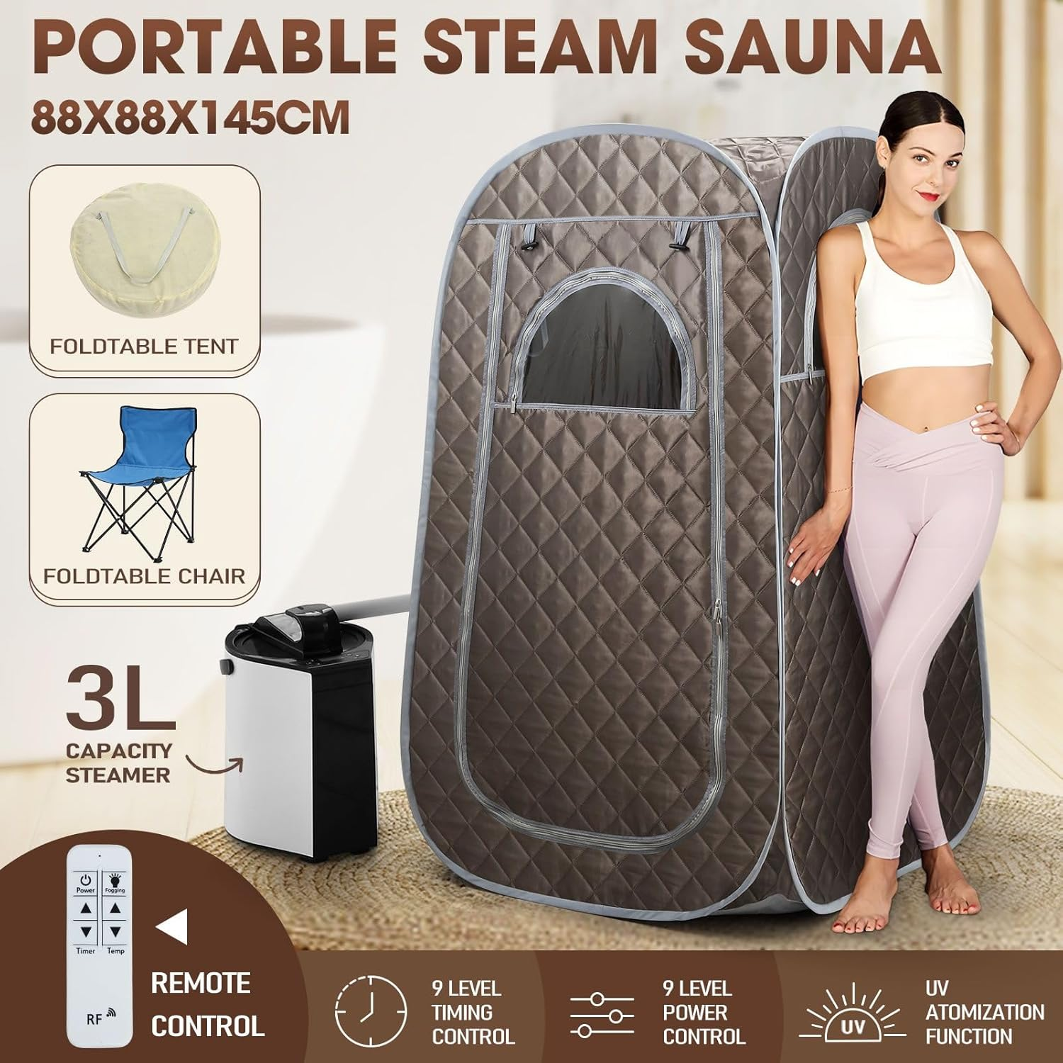 AUSWAY 3L Portable Sauna Steam Tent Room, Foldable Steamer Heating Skin Spa Box with Chair Indoor image number 2