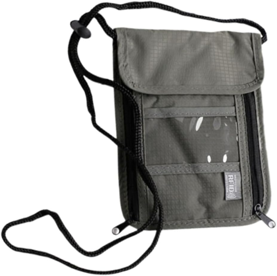 BUGUUYO Travel Wallet Neck Hanging Bag for Passport and Credit Cards Multipurpose Document Holder with Transparent Pocket Compact Shoulder Pouch for Men and Women Grey image number 1