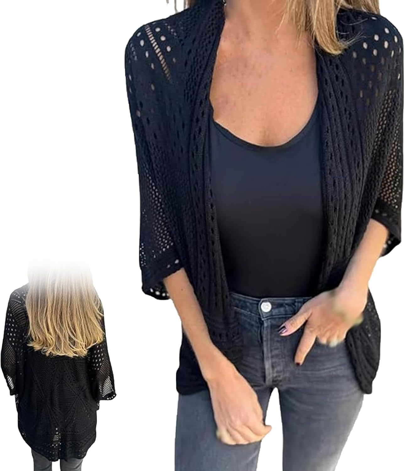 Arisefrom Hollow Half-Sleeve Cardigan, 2025 New Womens Crochet Hollow Out Knit Tops, Lightweight Hollow Knit Half-Sleeve Cardigan, Women Summer Sweater Lightweight