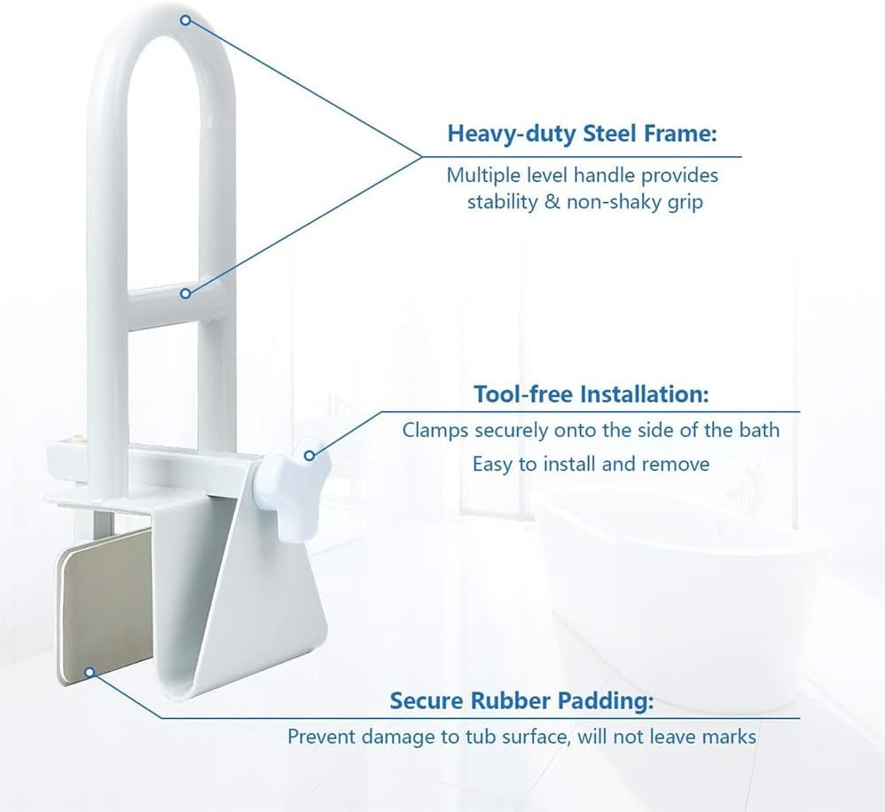 Bathtub Safety Rail, Adjustable Bathtub Safety Rail Shower Grab Bar Handle, Handle Clamps on to Side of Bathroom Shower, Medical Tub Rails for Bathrooms Is Great Elderly or after Surgery, White image number 6