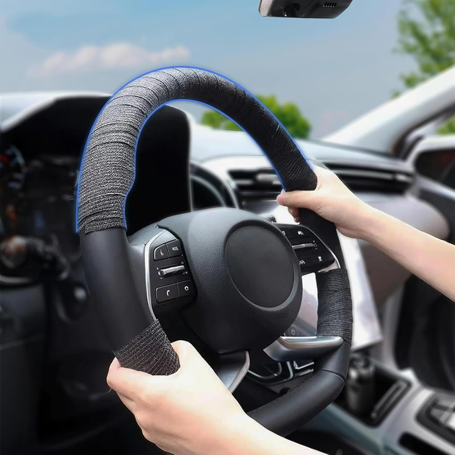 2 Rolls Steering Wheel Cover Tape, Universal Non-Slip Sweat Absorbent Wrap for Cars & Trucks, Breathable Elastic Tape for O/D-Shaped Steering Wheels (35.6-45.7 CM Diameter), Black image number 4