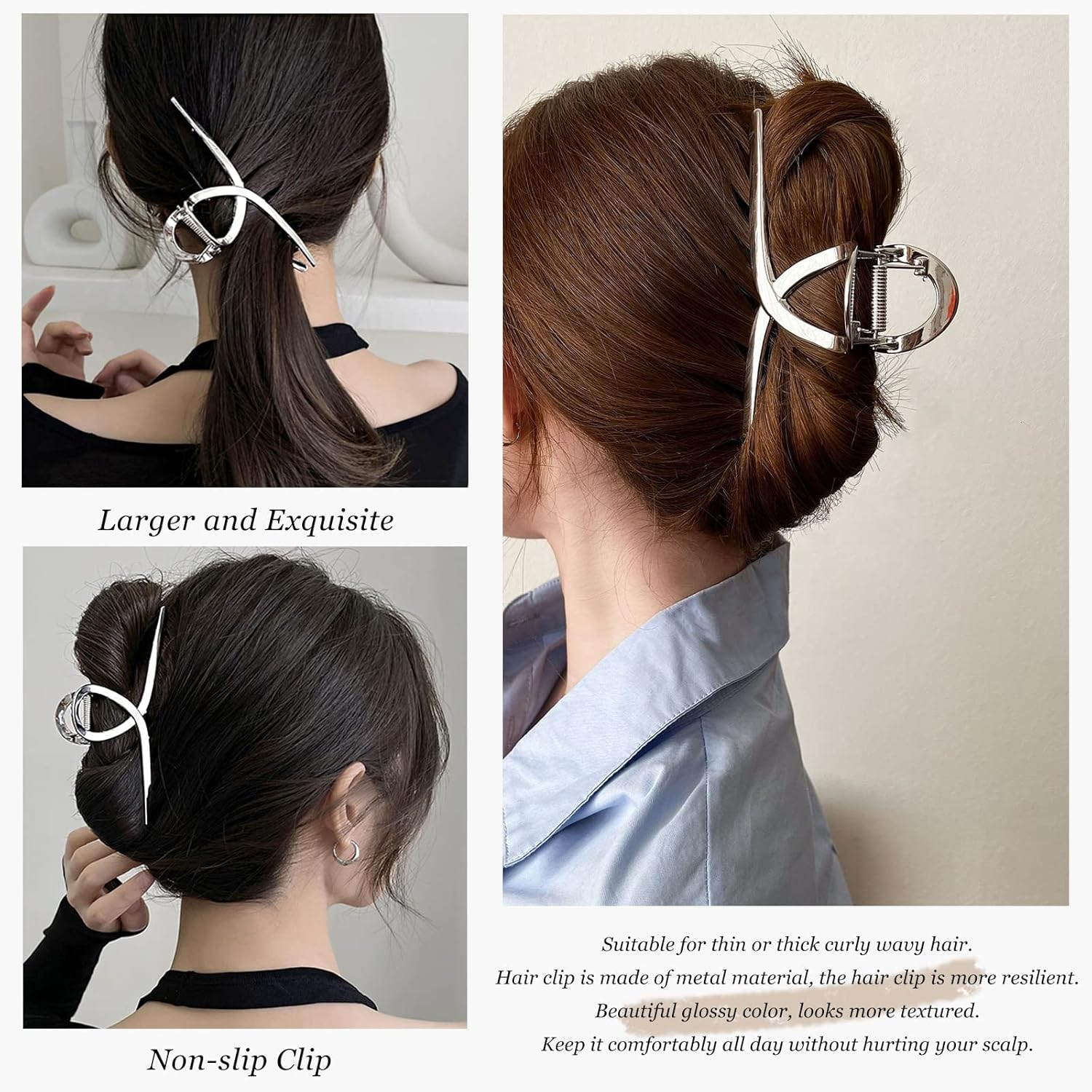 FAELBATY Hair Clip Claws Set of 3 (Glossy Silver, Dark Grey, Rose Gold) - Glossy Metal Hair Clips, Large Hair Accessories for Women and Girls, Strong Hold Barrette, 3 Pcs image number 1