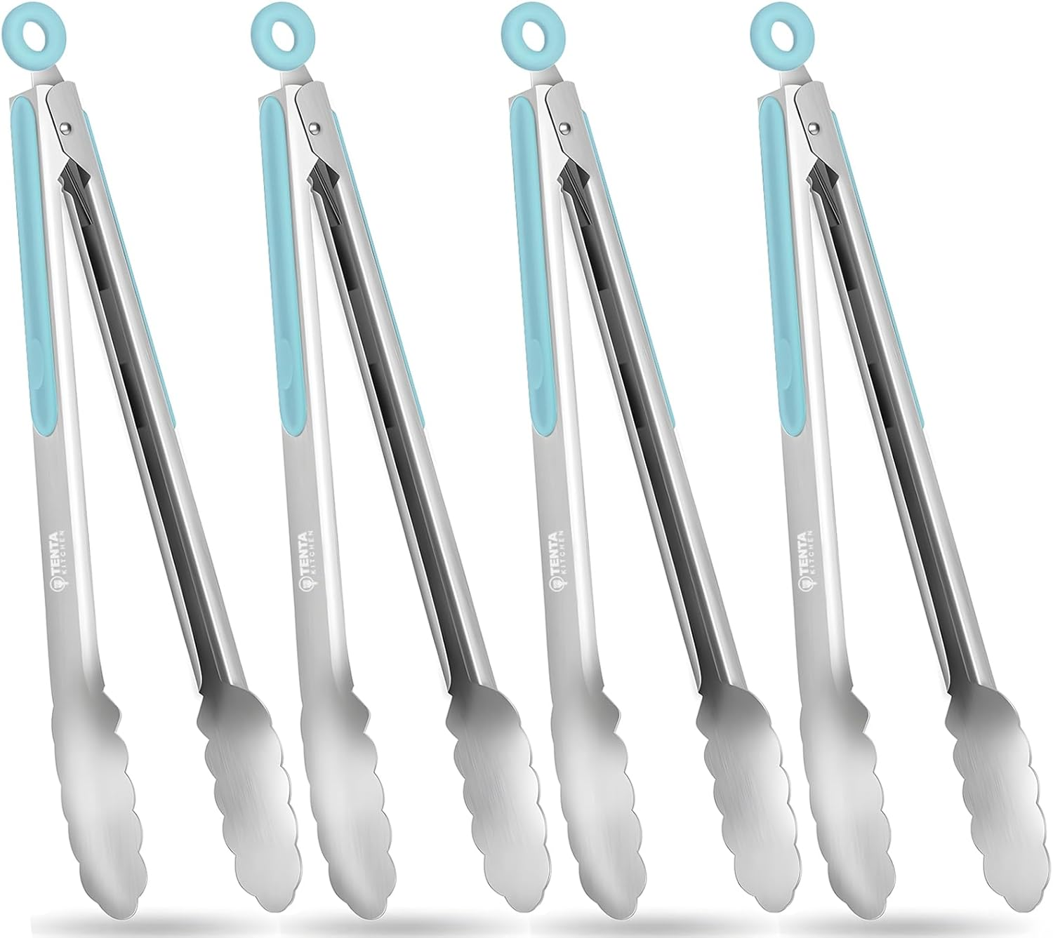 Tongs for Cooking, 12-Inch Stainless Steel Kitchen Tongs, Locking Metal Food Tongs with Silicone Non-Slip Grip, Kitchen Utensils Tongs for Food, Salad and Outdoor BBQ (Set of 4)