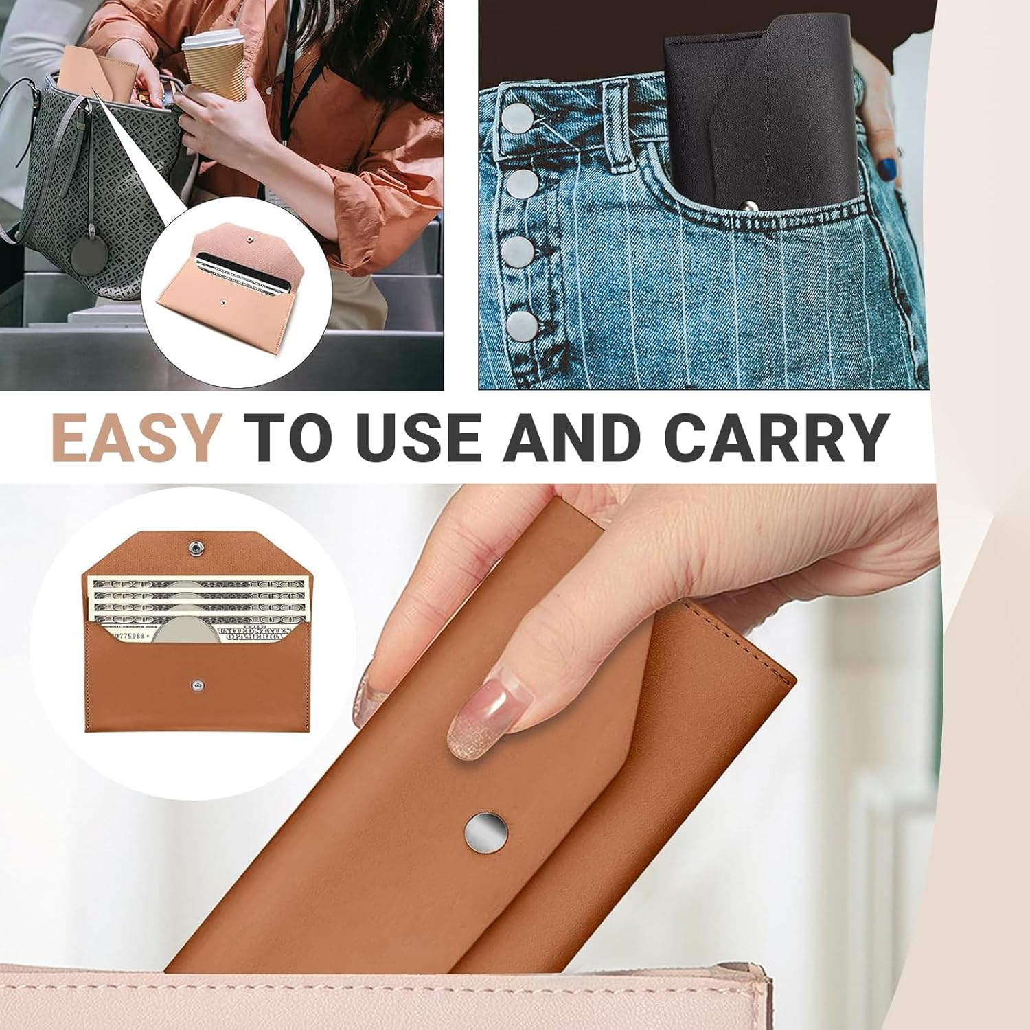 JOWILIN 3 Pcs Cash Envelopes Bag, PU Leather Cash Money Pouchs, Reusable Cash Budget Wallet, Money Envelopes for Birthday, Wedding, Graducation, Holidays, Spring Festival (Black, Pink, Brown) image number 4