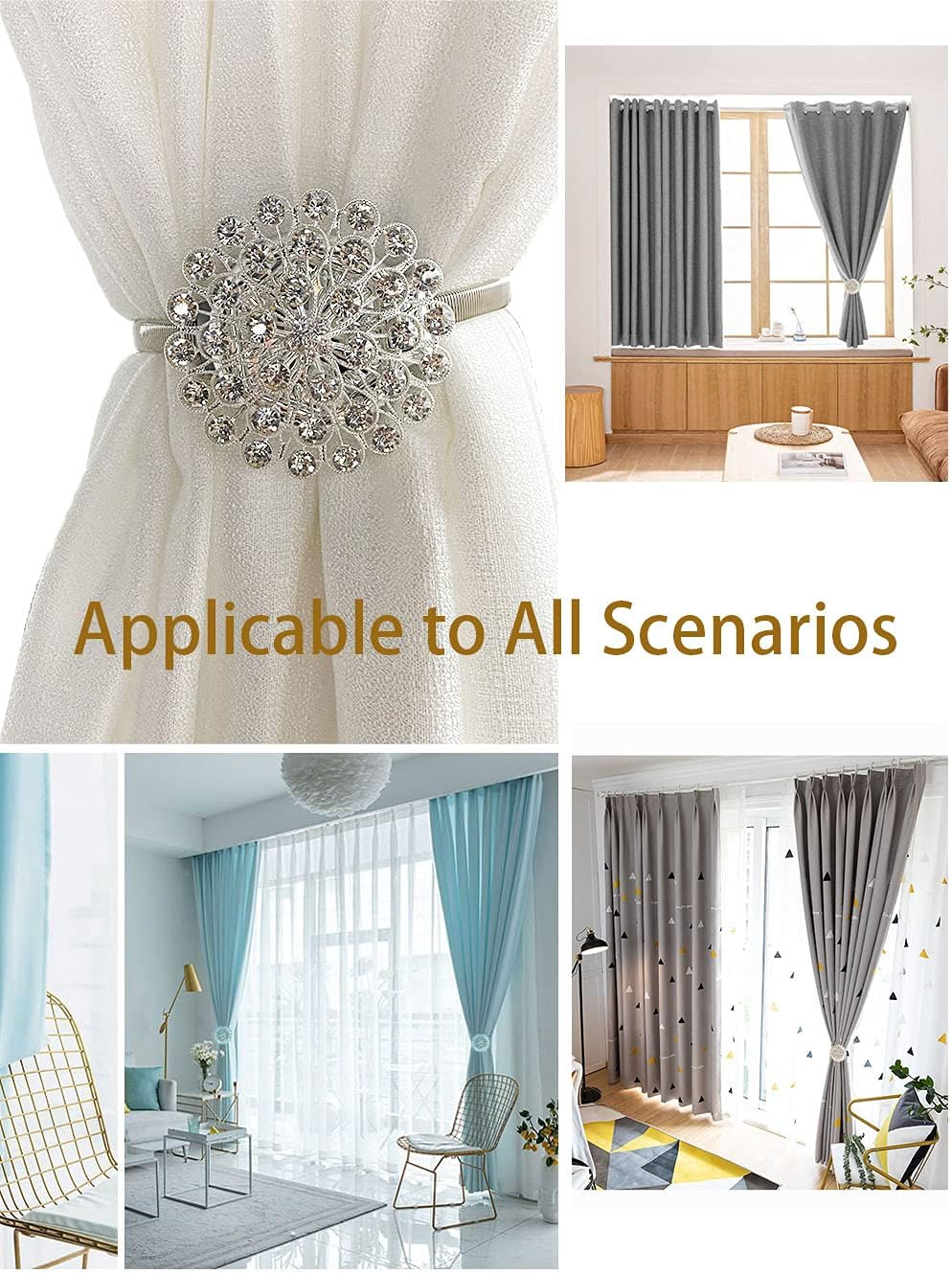 Magnetic Tiebacks for Curtains, 2 Pack Sparkling Crystal Flower Curtain Tiebacks Curtain Buckle Clips with High-Elastic Spring Wire for Home Office Decoration (Yellow) - Green image number 2