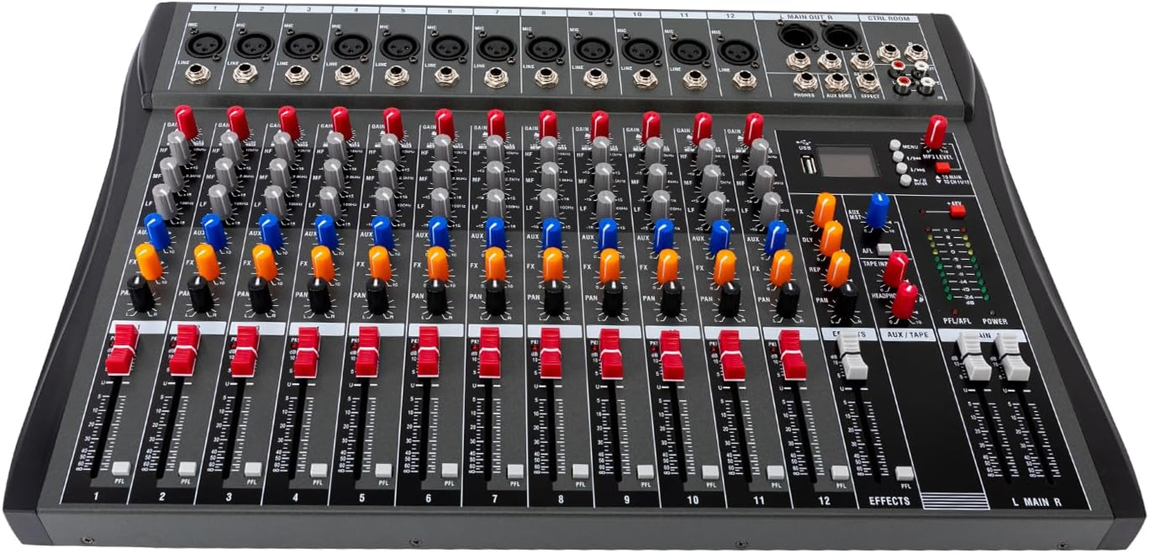 12 Channel DJ Audio Sound Mixer Interface with MP3 USB Bluetooth Stereo Recording, Ultra Slim DJ Sound Controller with LED Light, Sound Board Mixing Console image number 2