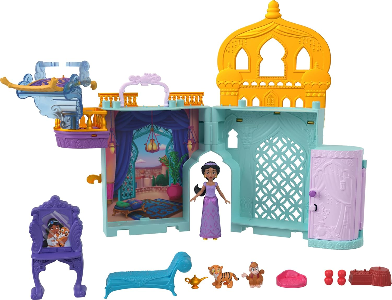 Disney Princess Jasmine'S Stacking Castle Dollhouse Playset with Small Doll, 2 Friends and 8 Pieces, Inspired by Disney Movie Aladdin, JDP56, [Multi-Colour]