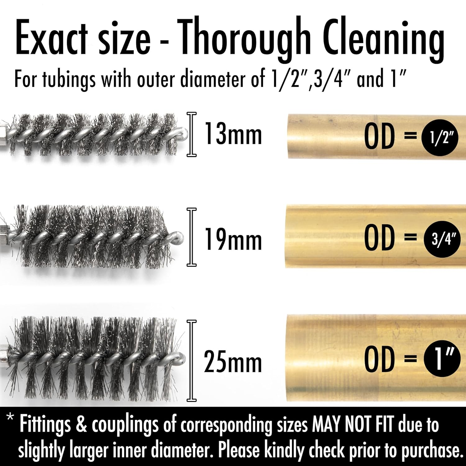 Vouyar 6Pcs Copper Tube Pipe Cleaner, 1/2&rdquo; 3/4&rdquo; 1&rdquo; Pipe Cleaning Brush Set, Stainless Steel Wire Bore Brushes for Power Drill, 1/4 Inch Hex Shank