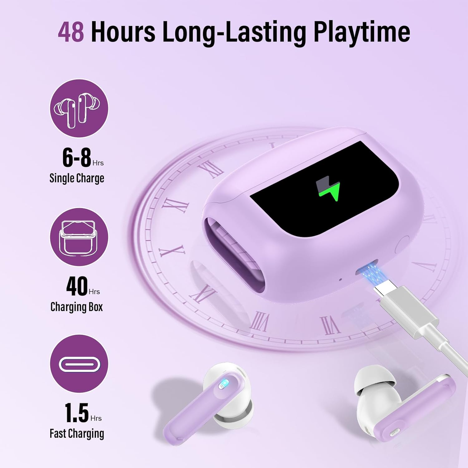 Thunelec Touchscreen Headphones, 48 Hours Immersive Deep Bass Earbuds Black Purple image number 3