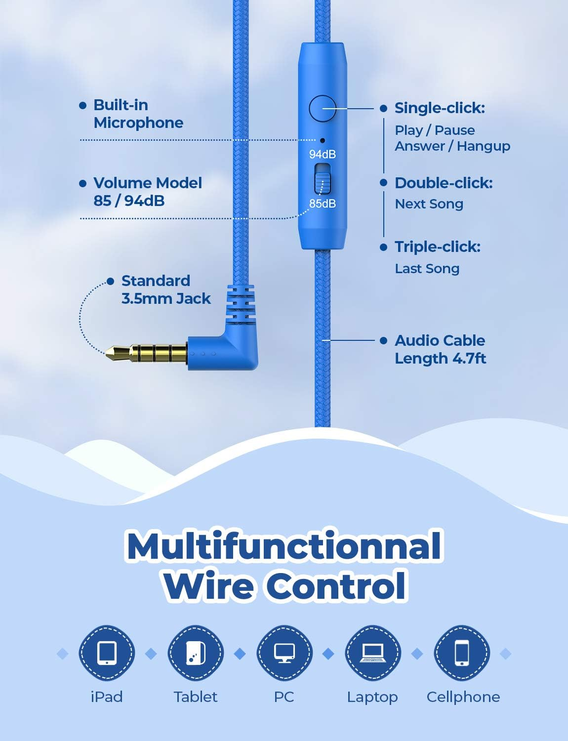 Iclever HS19 Kids Headphones with Microphone for School, Volume Limiter 85/94Db, Over-Ear Girls Boys Headphones for Kids with Shareport, Foldable Wired Headphones for Ipad/Fire Tablet/Travel, Blue image number 4