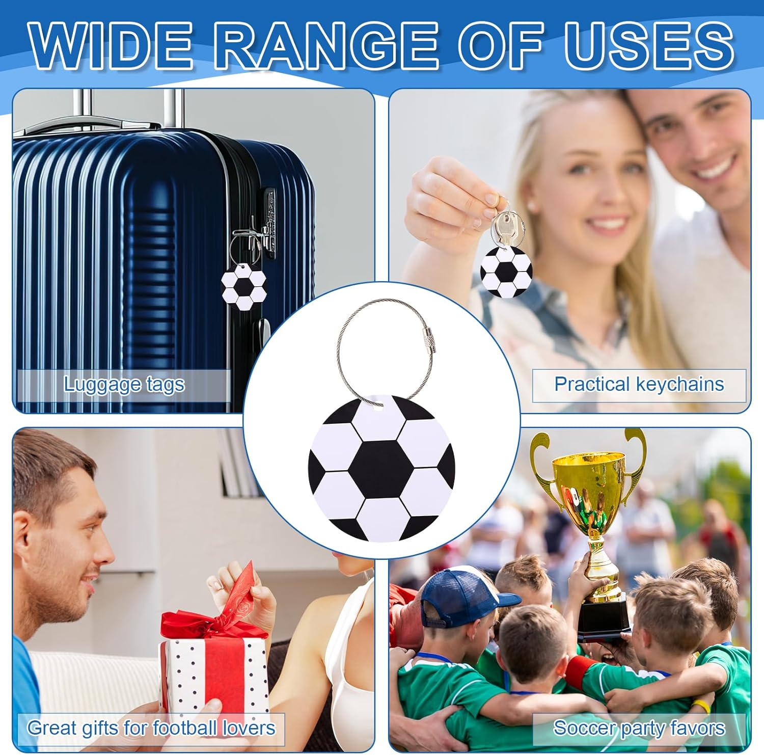 12Pcs Soccer Luggage Tags, 2.76In PVC Travel Bag Labels with Metal Ring Football Keychain Personalize DIY Name ID Cards for Men & Women Suitcases Backpack Sport Team Favors image number 1