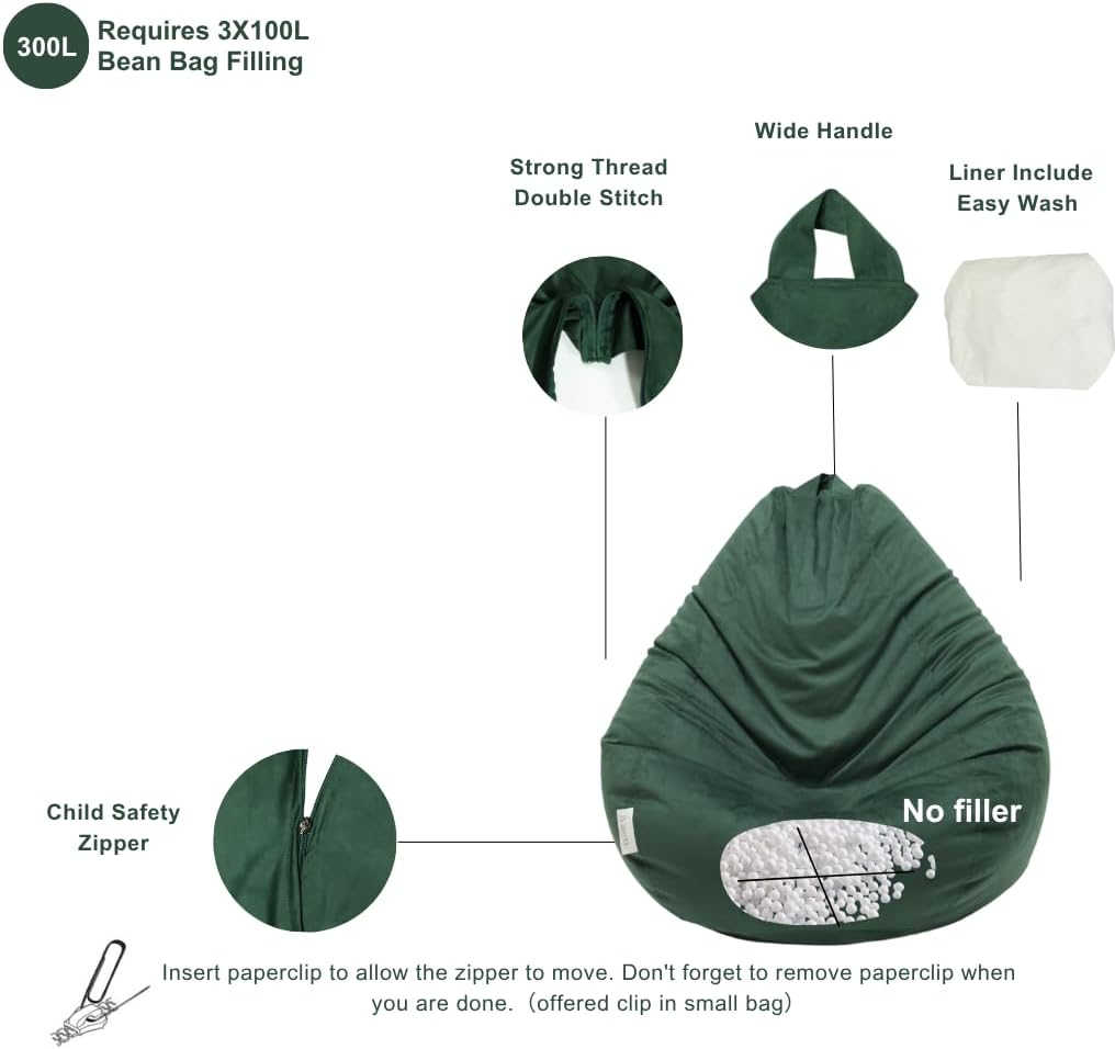 Beanbag Chair Cover with Liner Only Removable 3Ft (No Filler) Luxurious Microfiber Suede Beanbag Cover for Adults Indoor Pear Style Large - Light Brown - Black-Coverliner Only image number 4